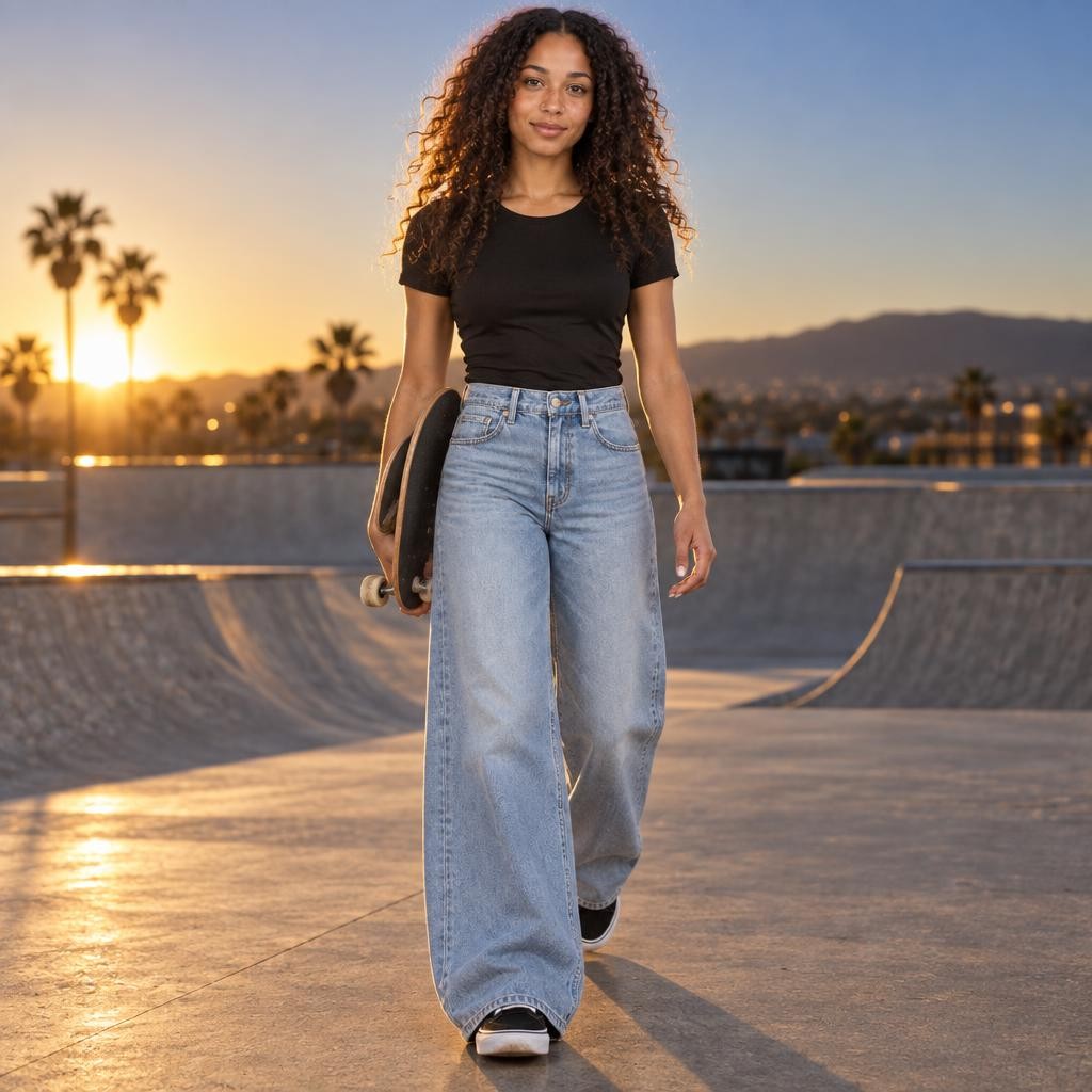 Nora porte le jean large taille haute Manual au skatepark