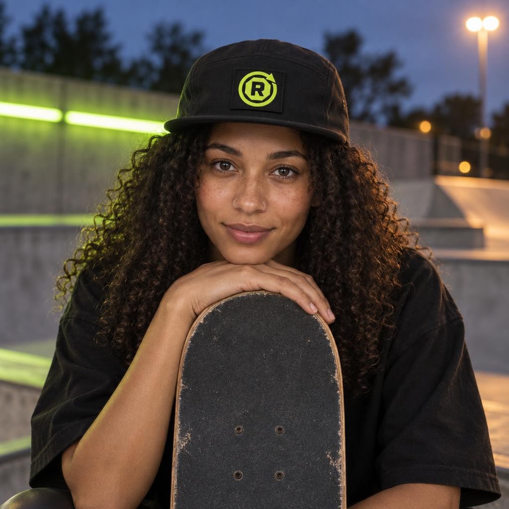 Nora porte la casquette 5 pans Respawn sous les néons du skatepark