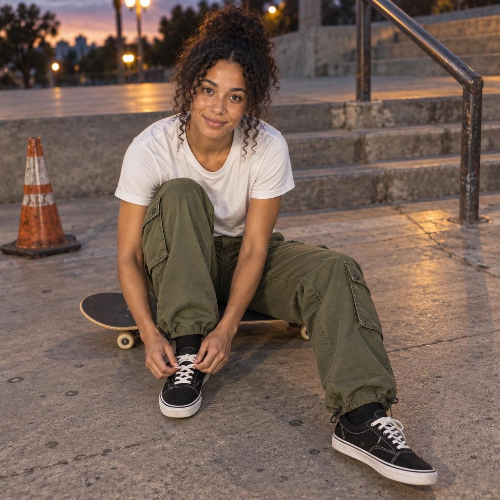 Nora porte le pantalon cargo kaki Grind, assise sur sa planche