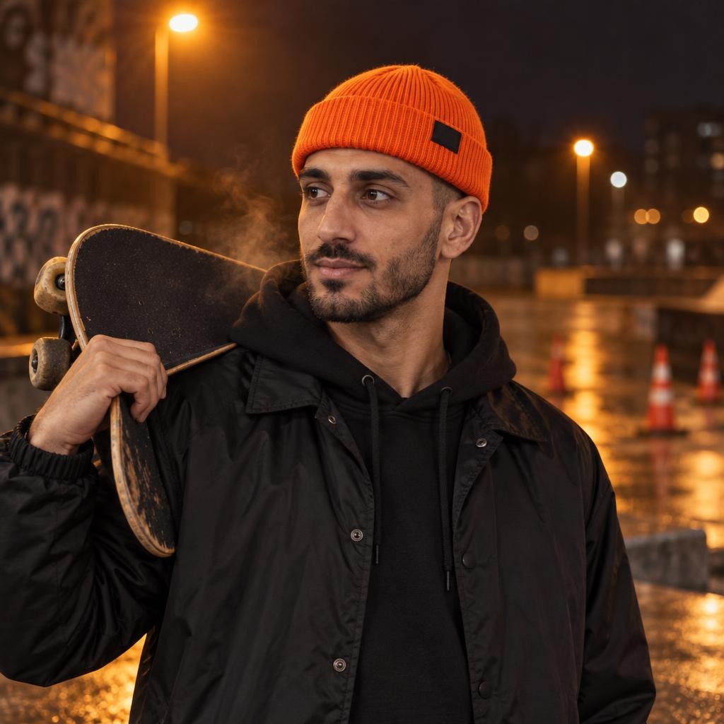 Sami porte le bonnet docker orange un soir dautomne
