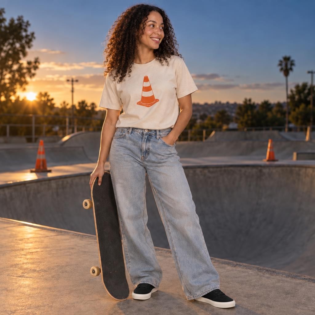 Nora porte le t-shirt craie Cône au skatepark au coucher du soleil