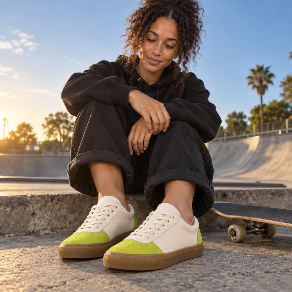Nora porte les sneakers Kickflip Lo au skatepark