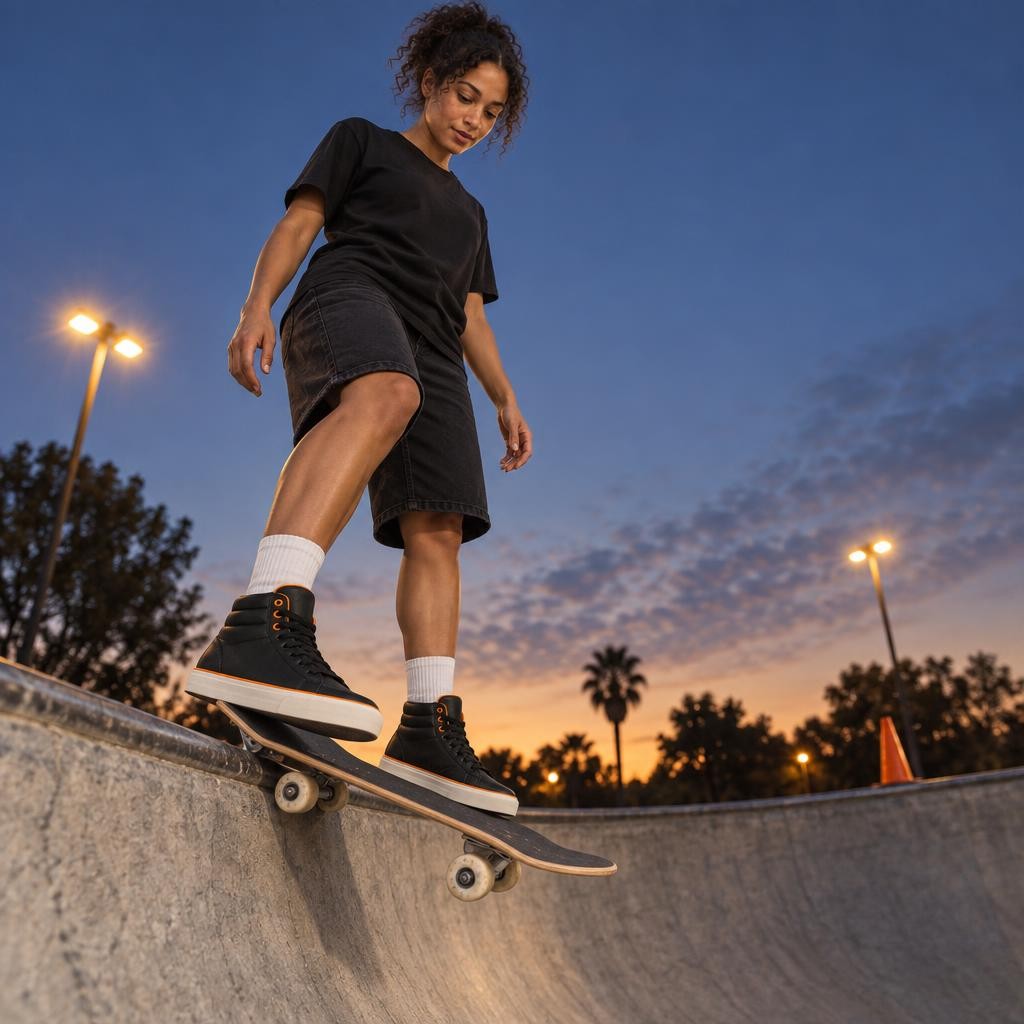 Nora en haut du bowl avec les sneakers montantes Bowl Hi