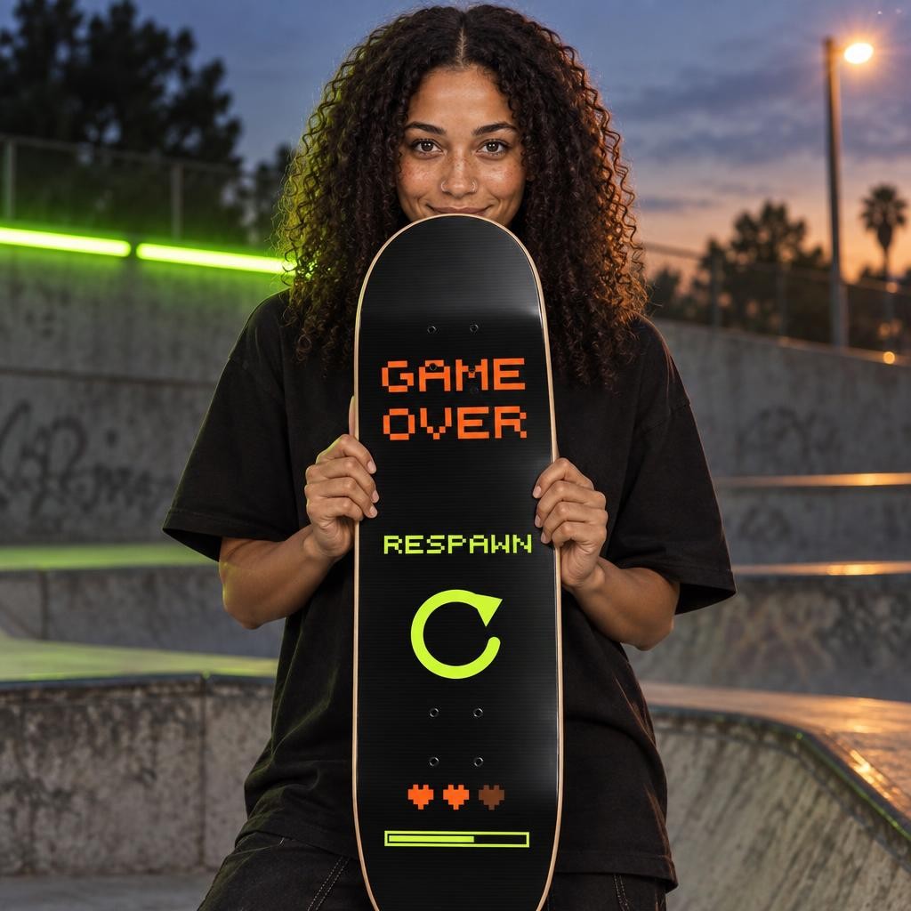 Nora tient le plateau Game Over, graphisme pixel art face caméra