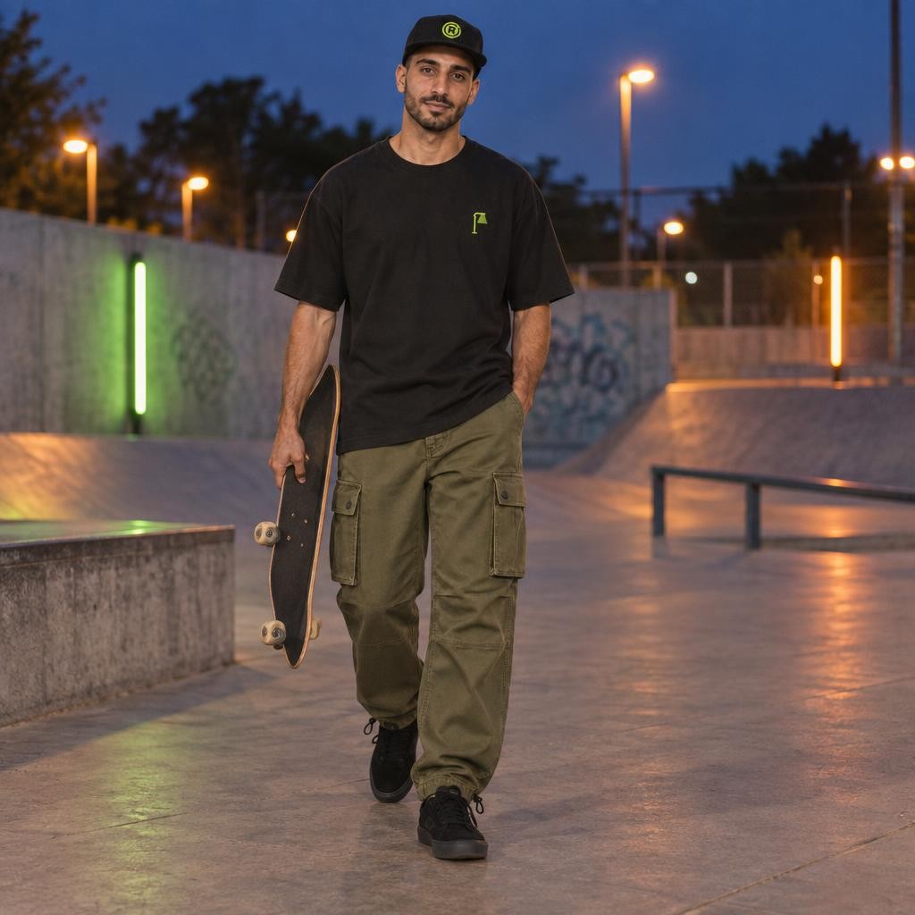 Sami porte le look complet Spawn Point au skatepark