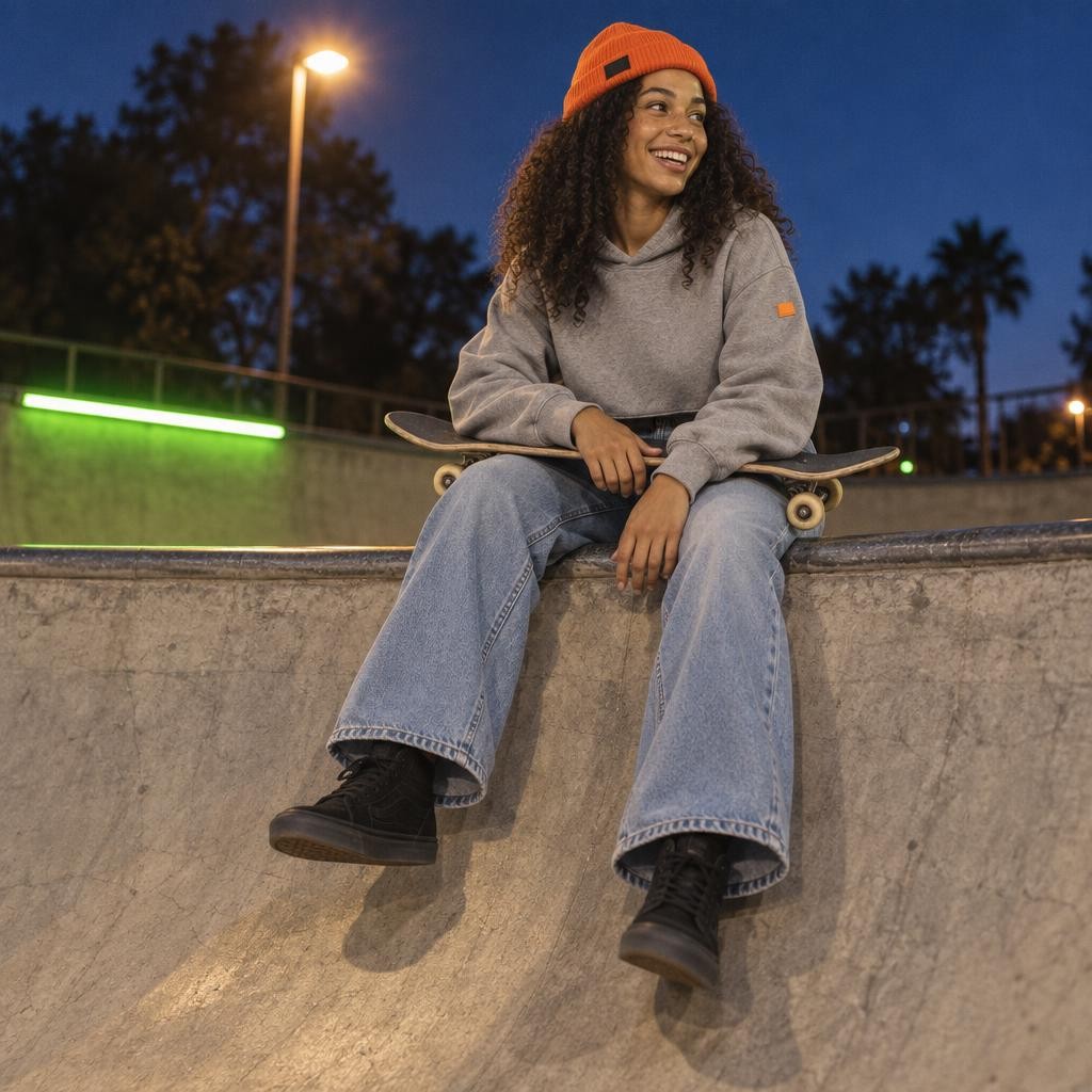 Nora porte le look complet Night Session au bord du bowl