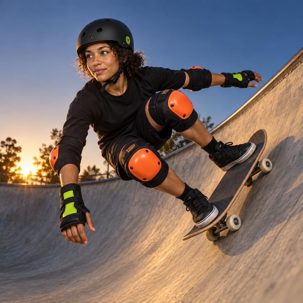 Nora en carving dans le bowl avec le kit protections complet