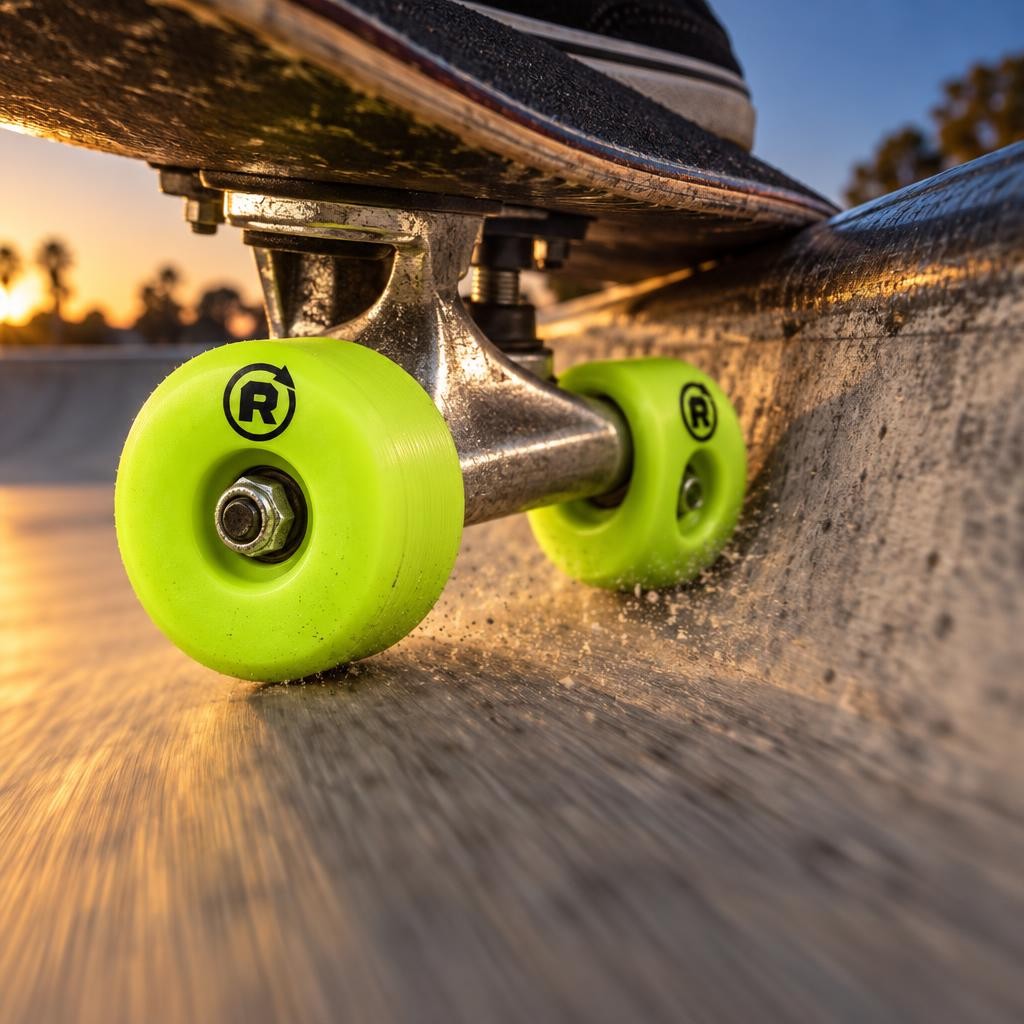 Roues Bowl vert acide en action sous le coping du bowl