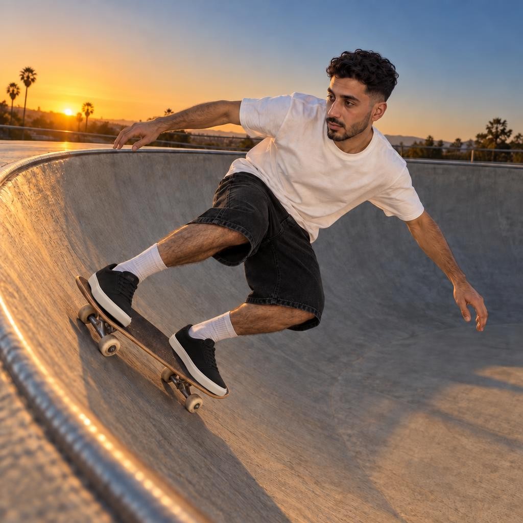 Sami en carving dans le bowl avec le short denim noir Bowl
