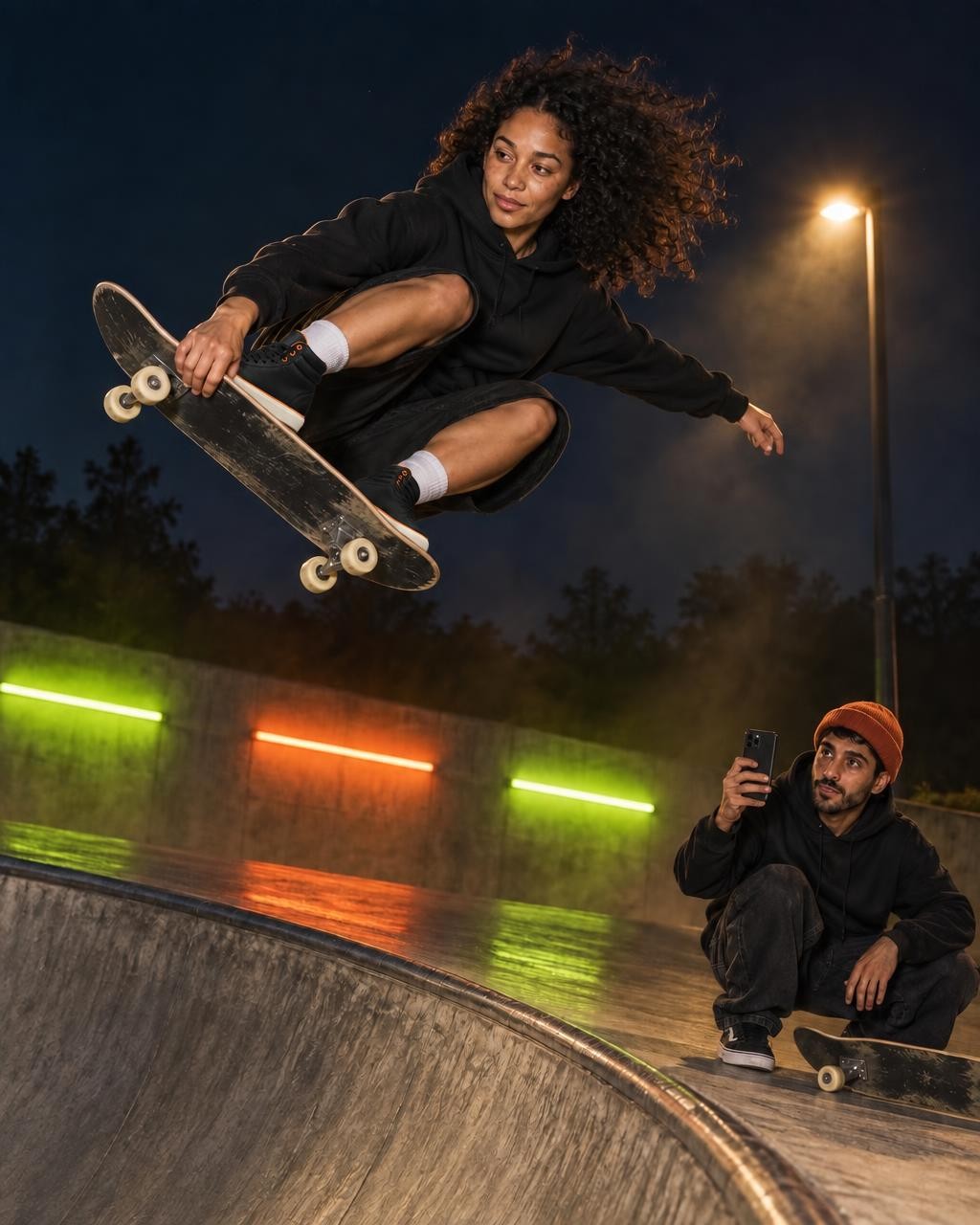 Nora en frontside air au-dessus du bowl, de nuit, pendant que Sami la filme sous les néons vert acide et orange