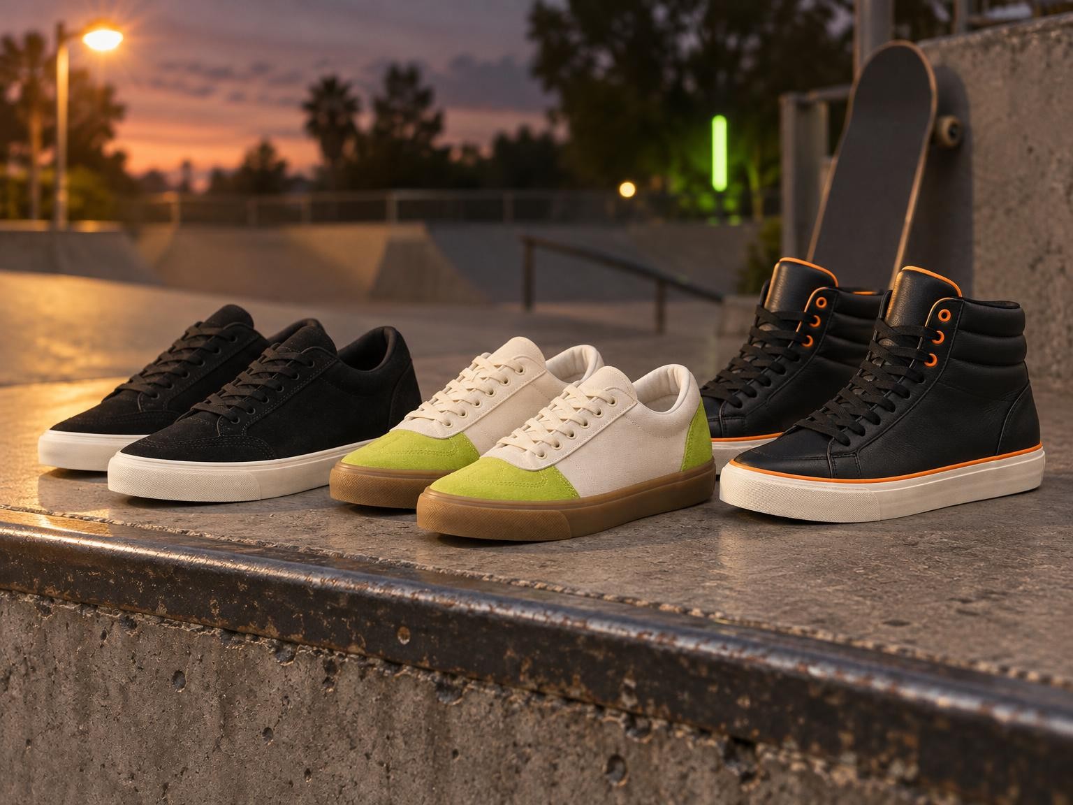 Trois paires de sneakers skate Respawn sur un rebord de béton au crépuscule