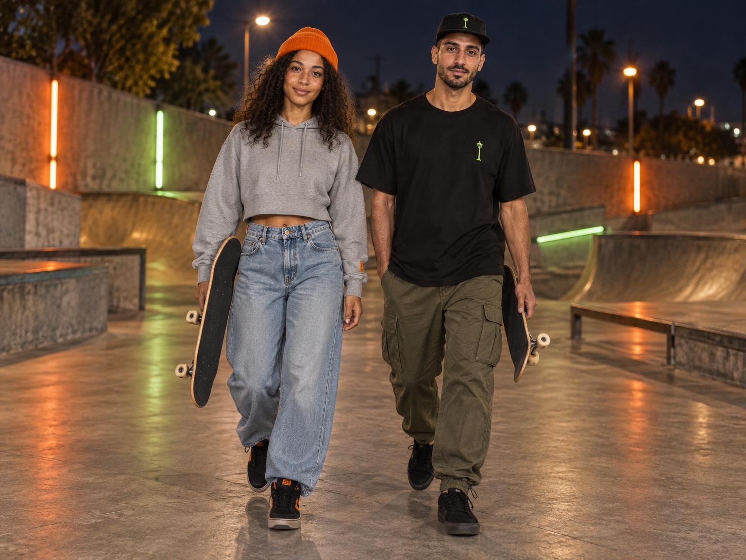 Nora et Sami en looks complets Night Session et Spawn Point au skatepark de nuit