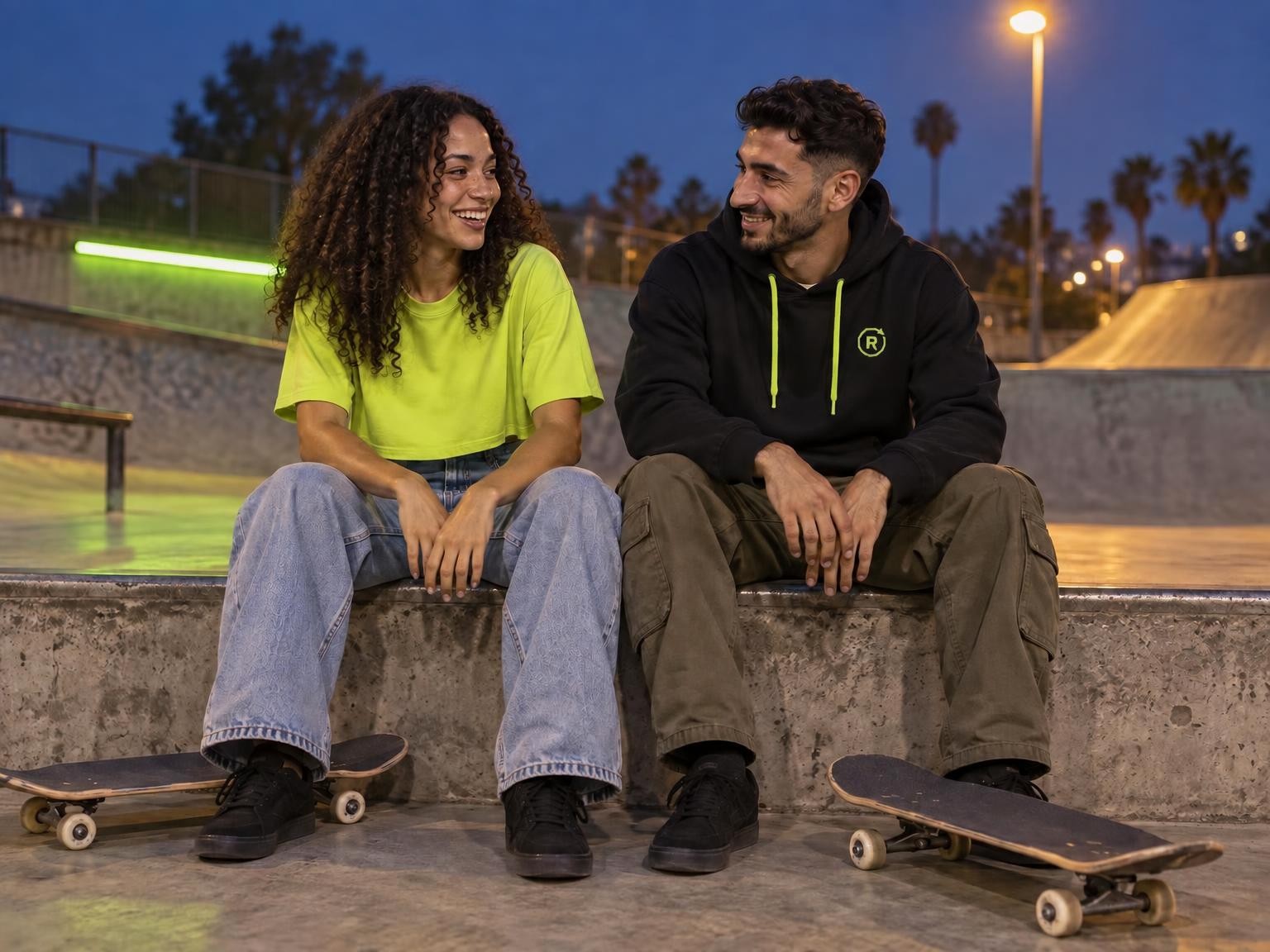 Nora en crop vert acide et Sami en hoodie noir Respawn assis au skatepark