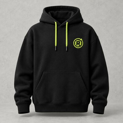 Hoodie noir Respawn, cordons vert acide et emblème brodé sur la poitrine