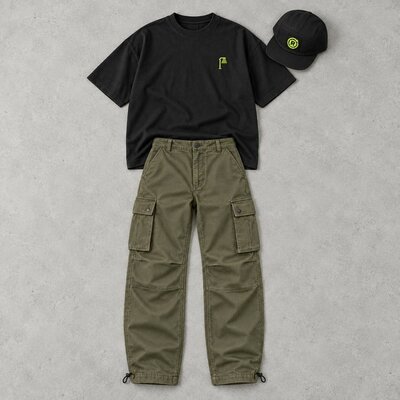 Look Spawn Point à plat : t-shirt noir, cargo kaki et casquette