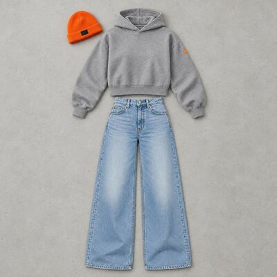 Look Night Session à plat : hoodie court gris, jean large et bonnet orange