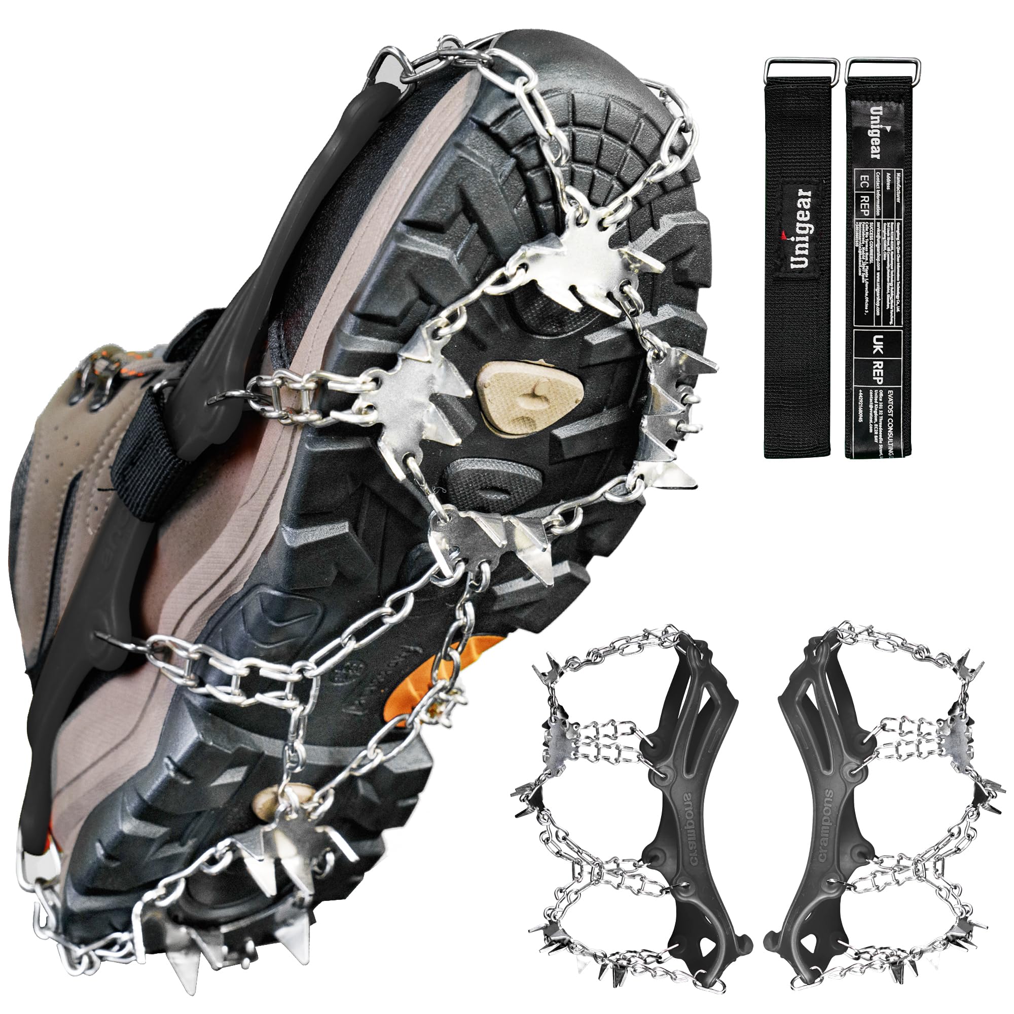 Ramponcini Unigear neri con 24 punte e catene in acciaio inox