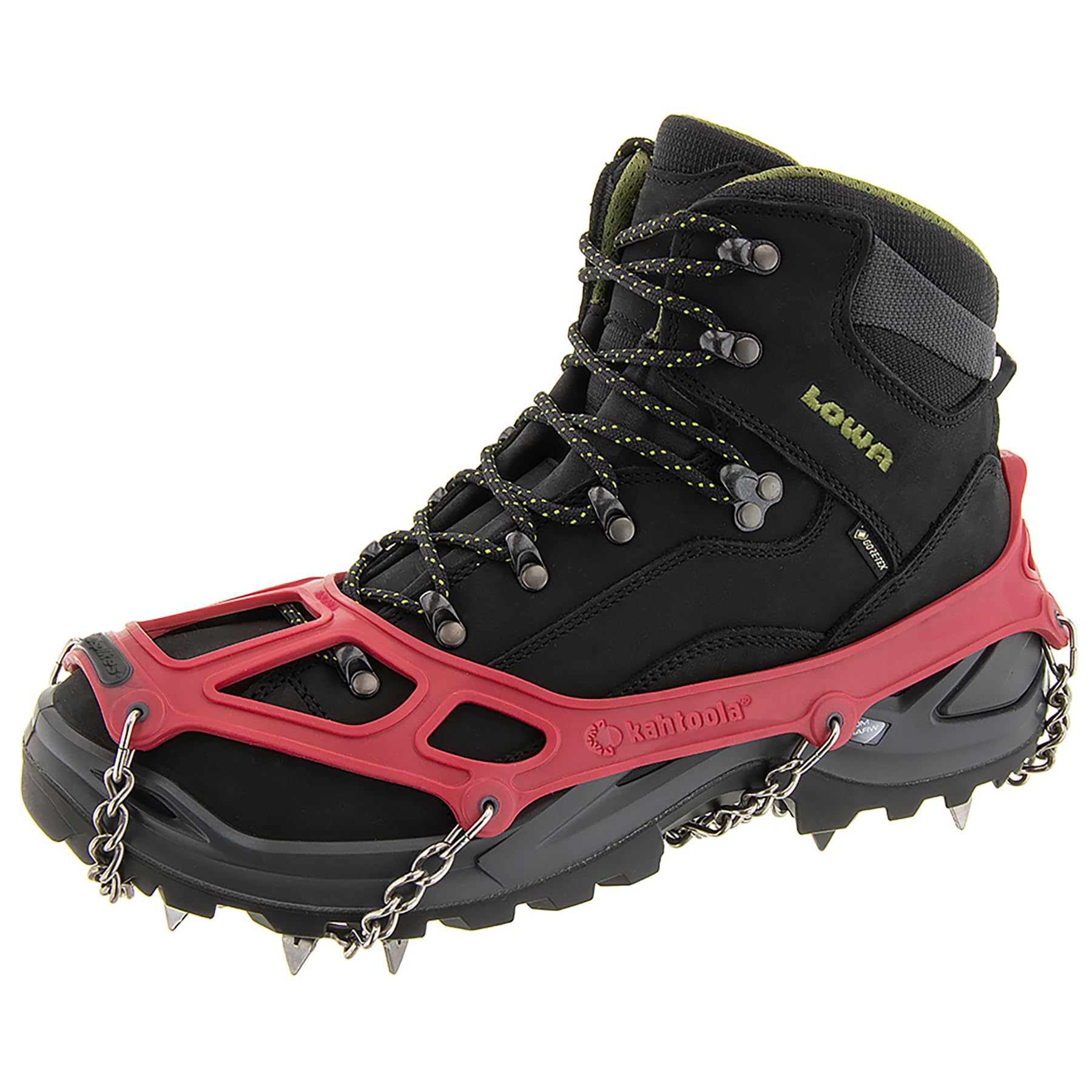 Ramponcini Kahtoola Microspikes rossi con punte e catene in acciaio inox