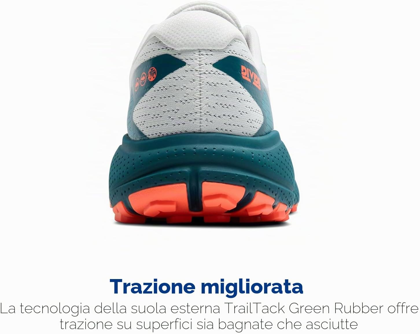 Tallone della Brooks Divide 5 con didascalia sulla suola TrailTack