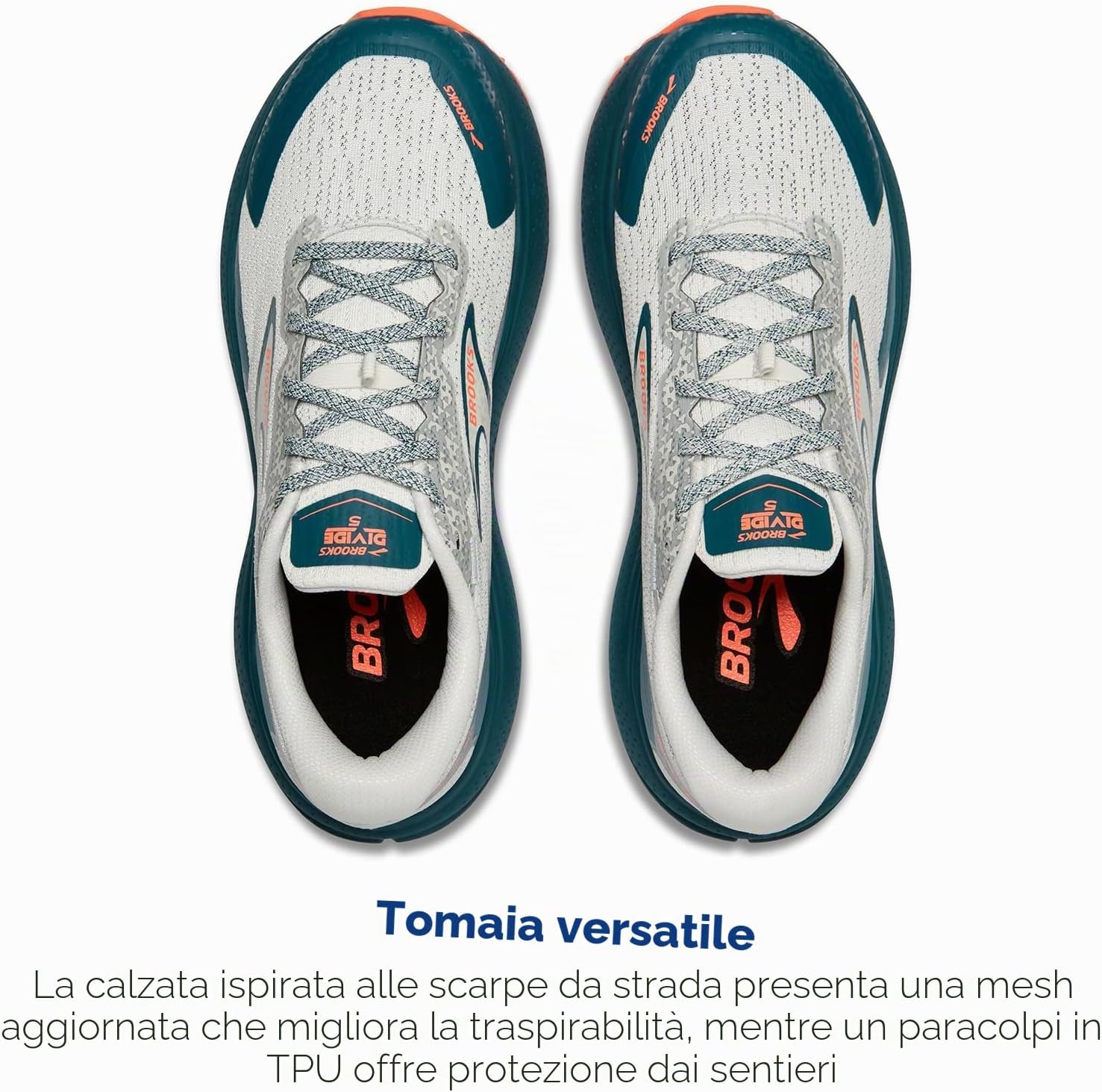 Coppia di Brooks Divide 5 vista dallalto con lacci grigi