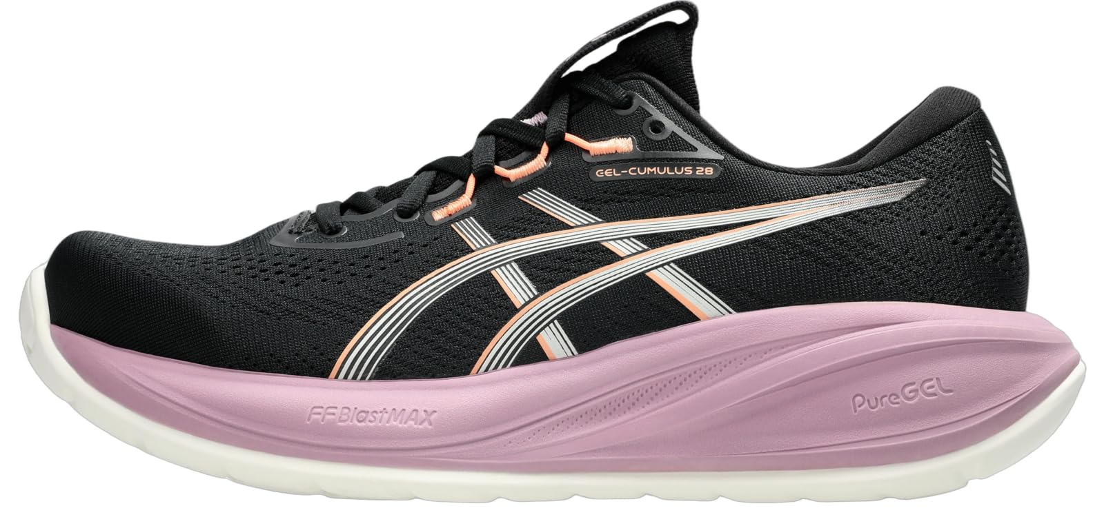 Scarpa running donna ASICS Gel-Cumulus 28 nera e viola vista di lato