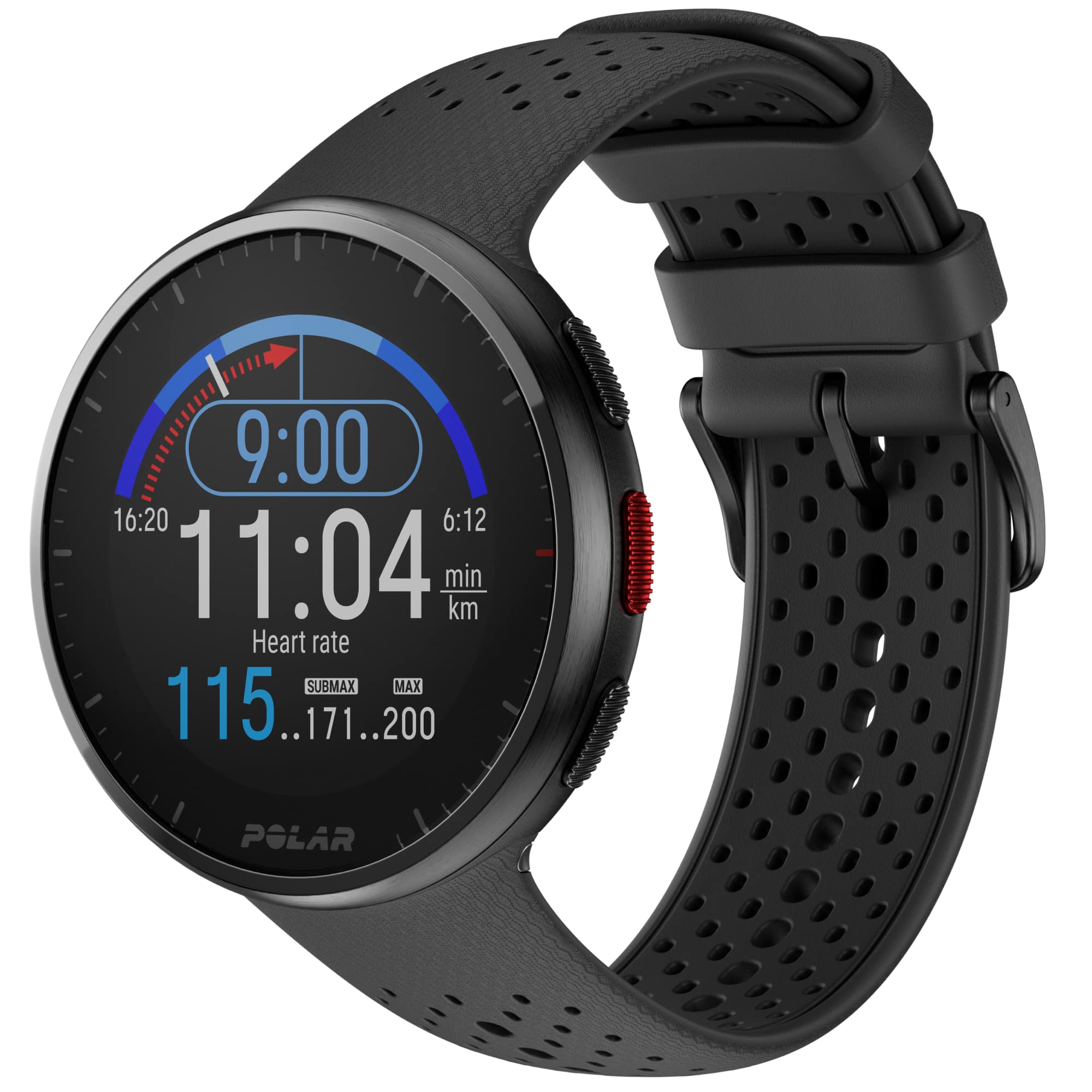 Orologio GPS running Polar Pacer Pro grigio e nero visto di fronte