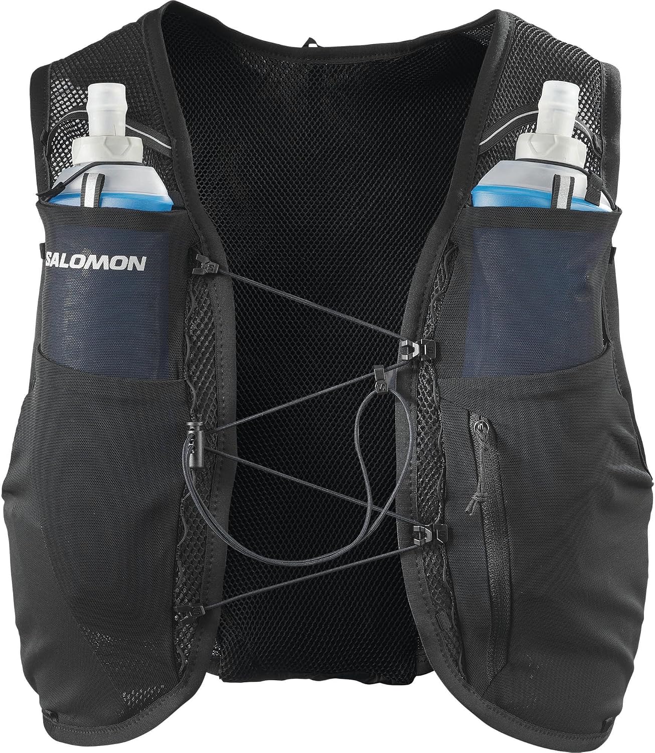 Parte anteriore del gilet ADV Hydra con due flask nelle tasche sul petto