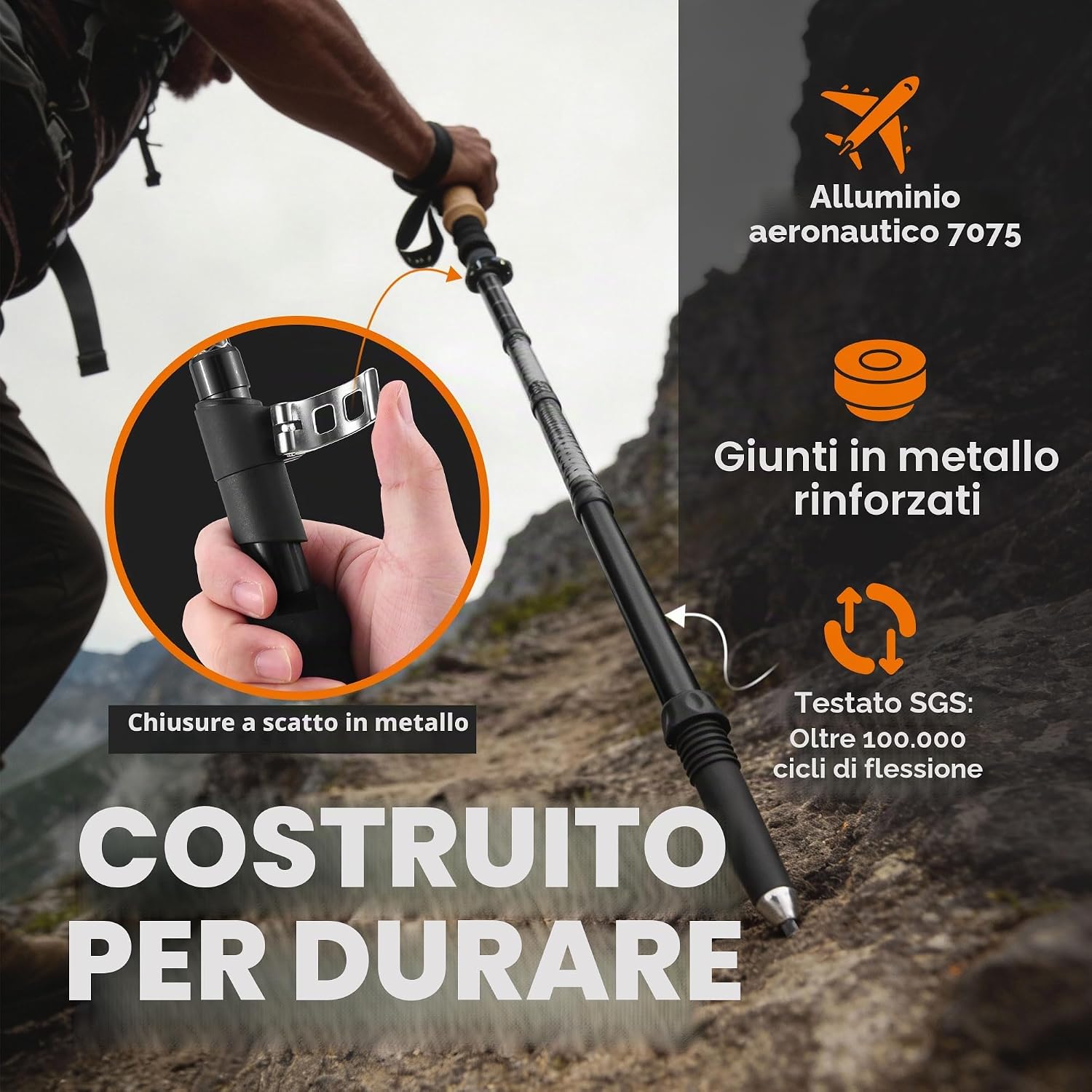 Dettaglio del blocco a leva in metallo dei bastoncini Trek-Z