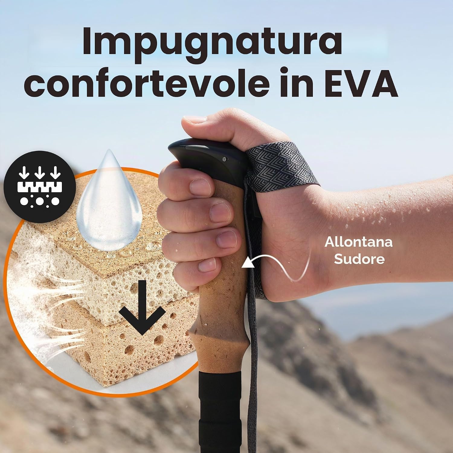 Mano che impugna un bastoncino Trek-Z, dettaglio dellimpugnatura