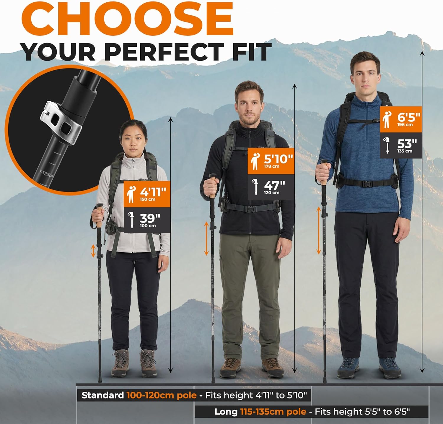 Tre escursionisti di altezze diverse con le due lunghezze dei Trek-Z
