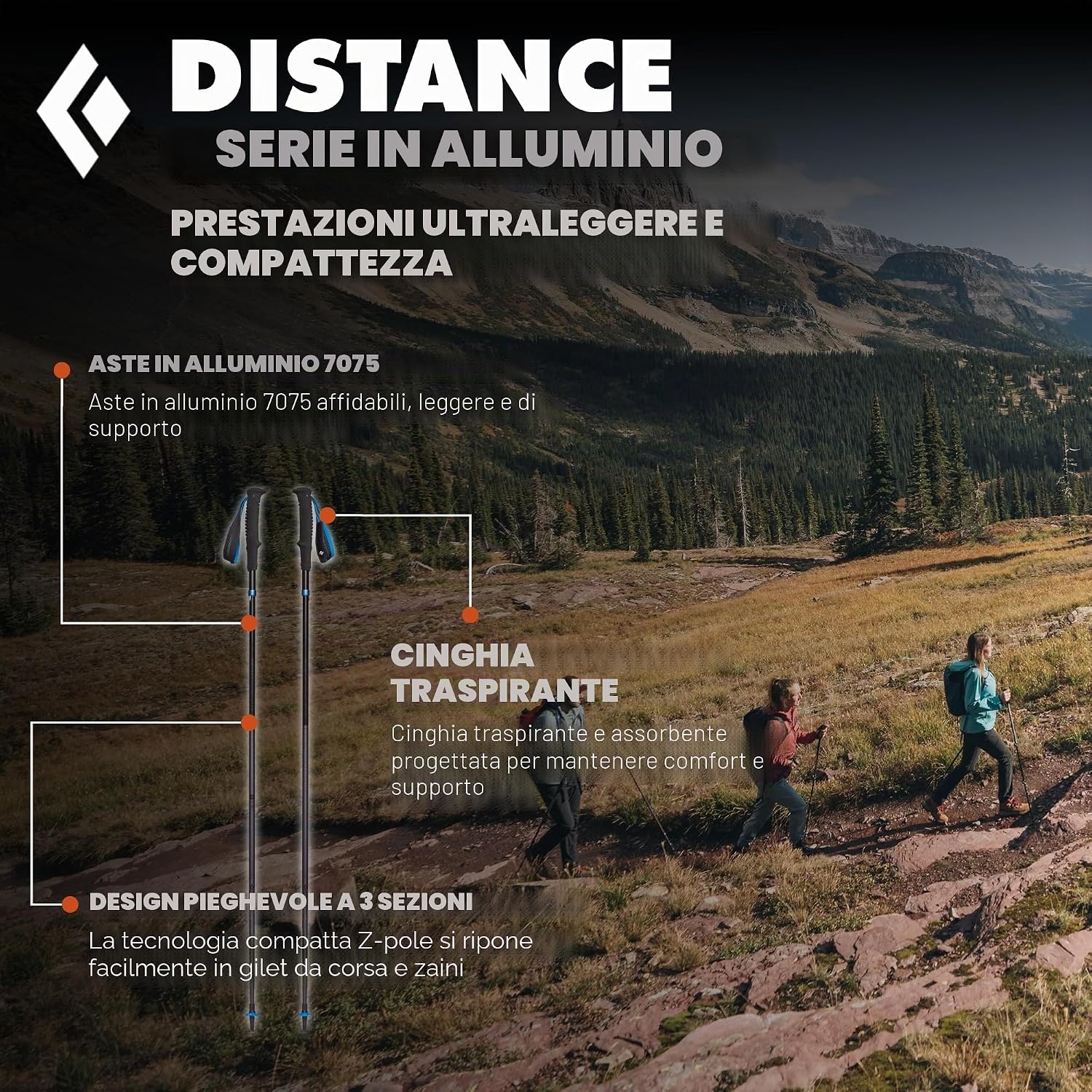 Schema della serie Distance in alluminio con escursionisti in montagna