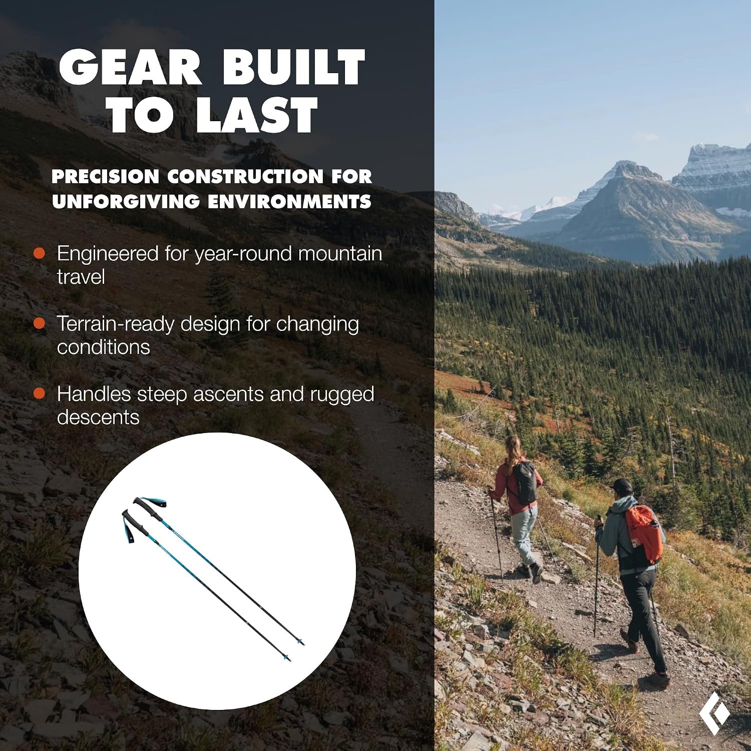 Bastoncini Distance Carbon Z ripiegati e sentiero di montagna