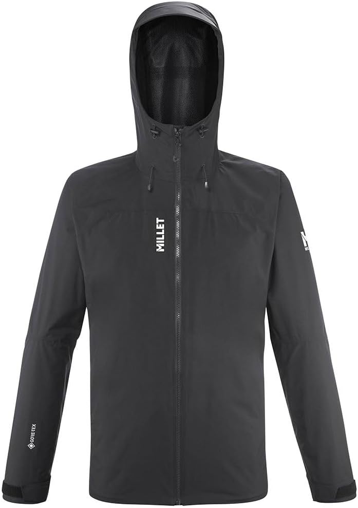 Giacca Millet Seneca GTX nera vista di fronte con cappuccio