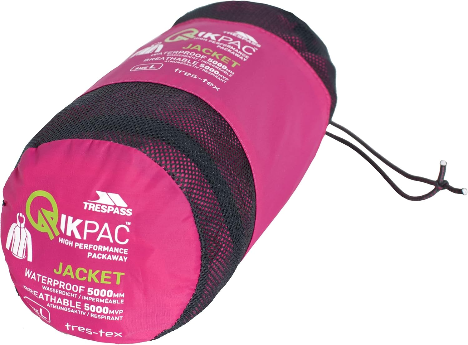 Giacca Trespass Qikpac ripiegata nel suo astuccio rosa