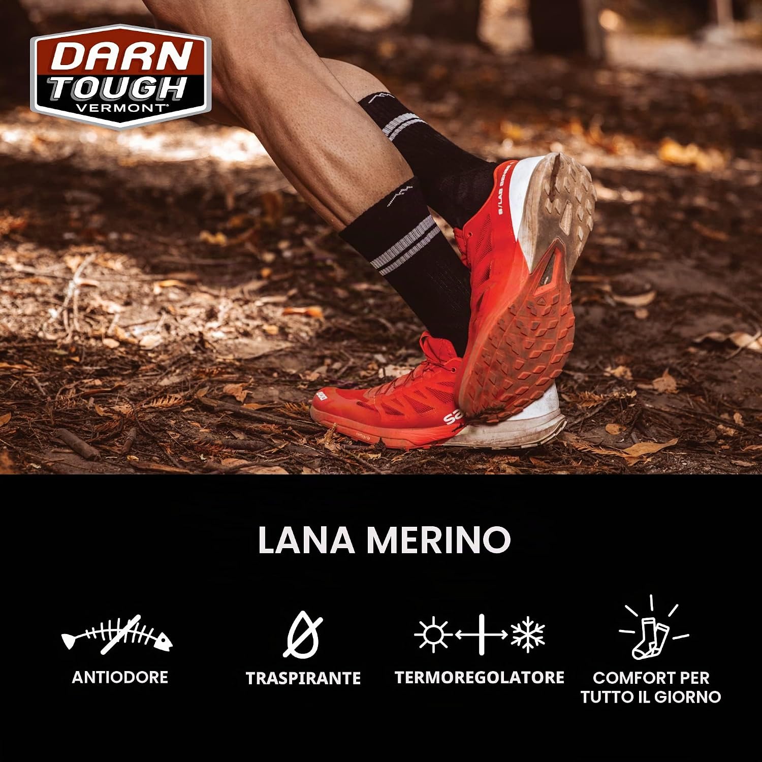 Runner su sentiero nel bosco con calze Darn Tough in lana merino