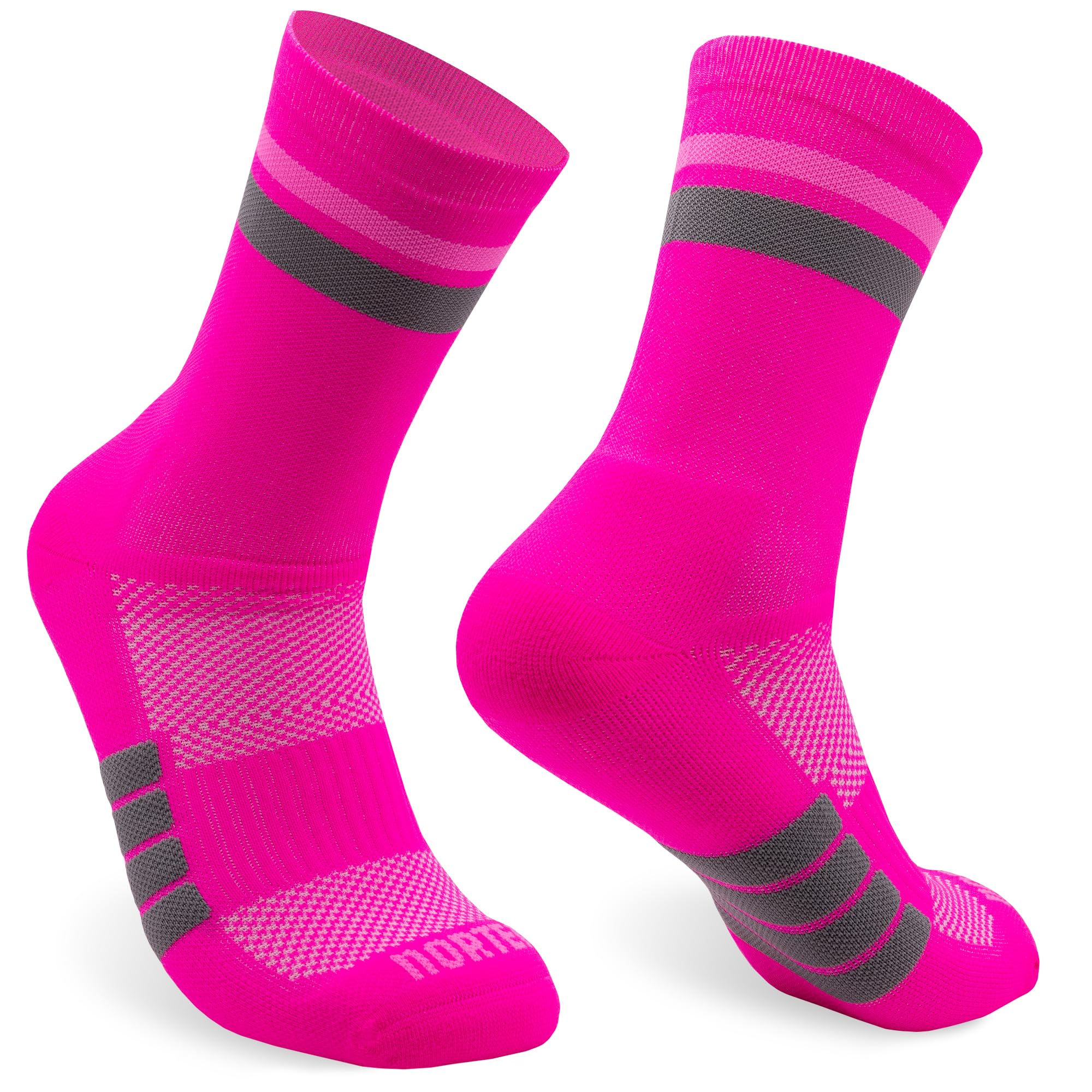 Paio di calze da corsa NORTEI rosa fluo con righe grigie su sfondo bianco