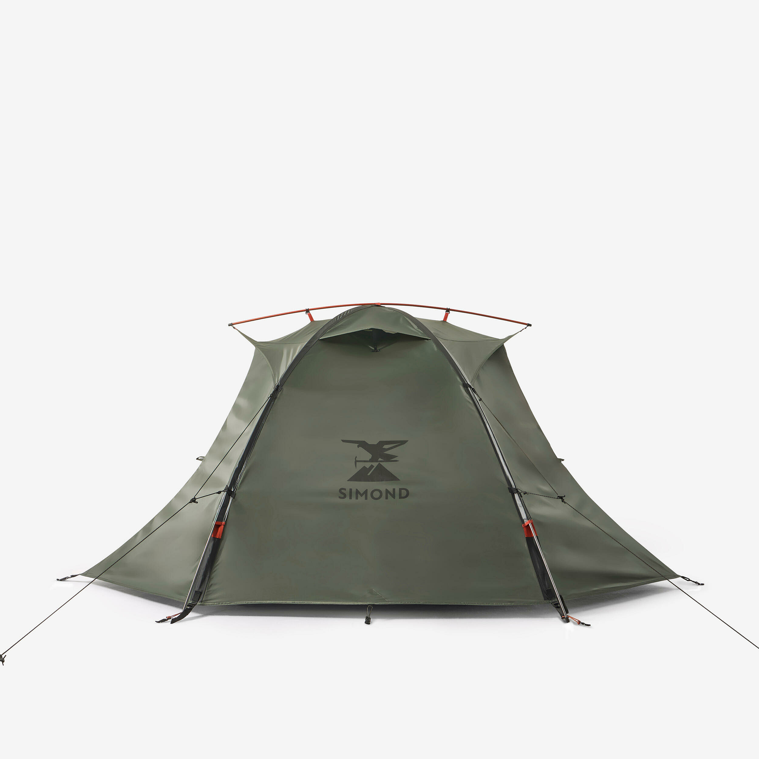 Tenda Simond MT500 vista dal fondo con il logo Simond e gli archi rossi in cima