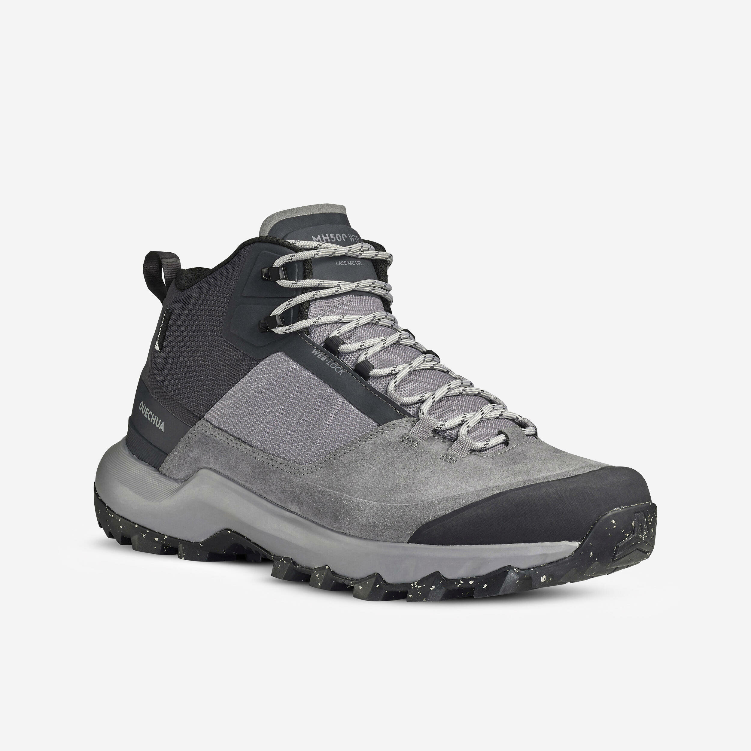 Scarpa da trekking Quechua MH500 Mid grigia e nera vista di tre quarti