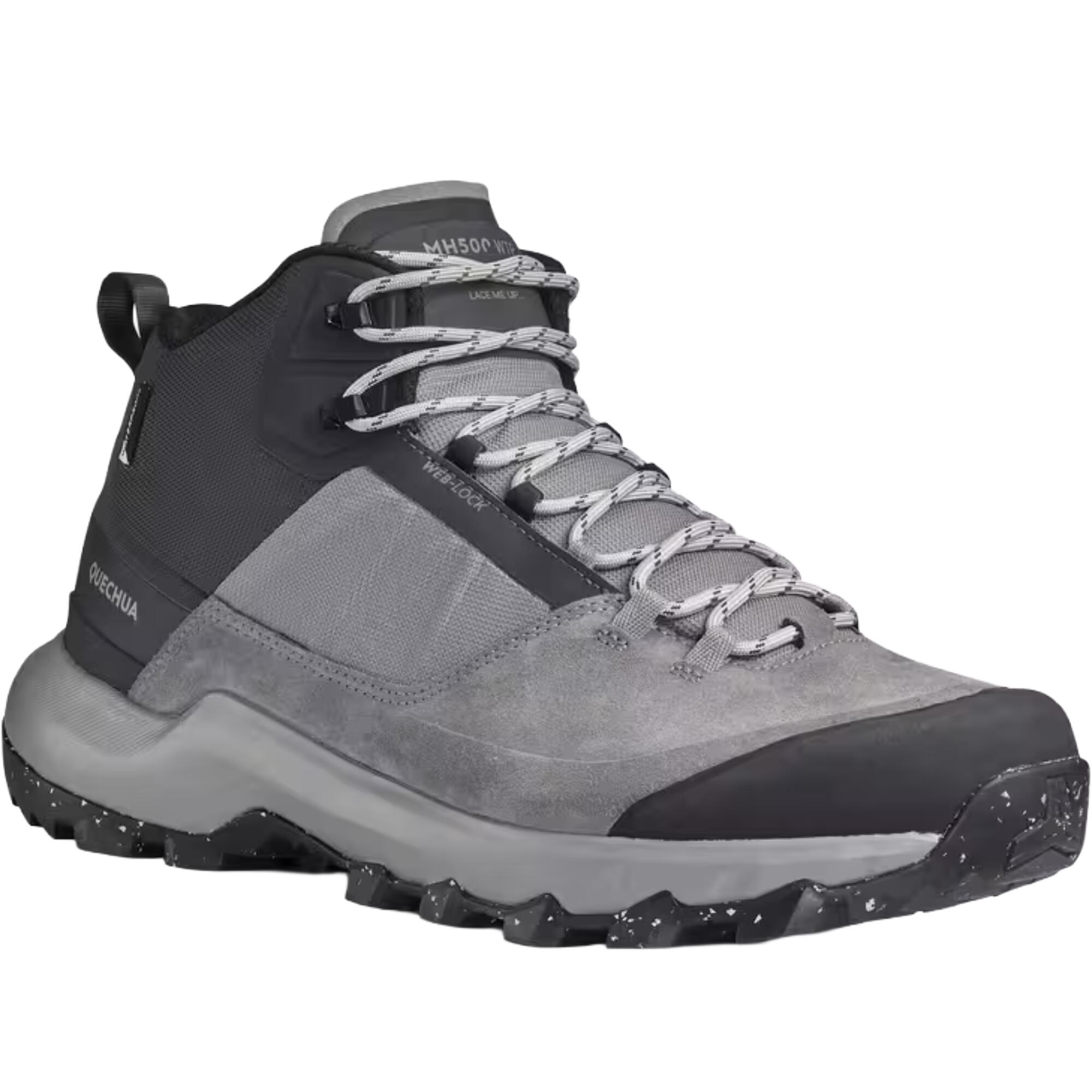 Scarpa da trekking uomo Quechua MH500 Mid grigia in primo piano, collo mid e lacci grigi