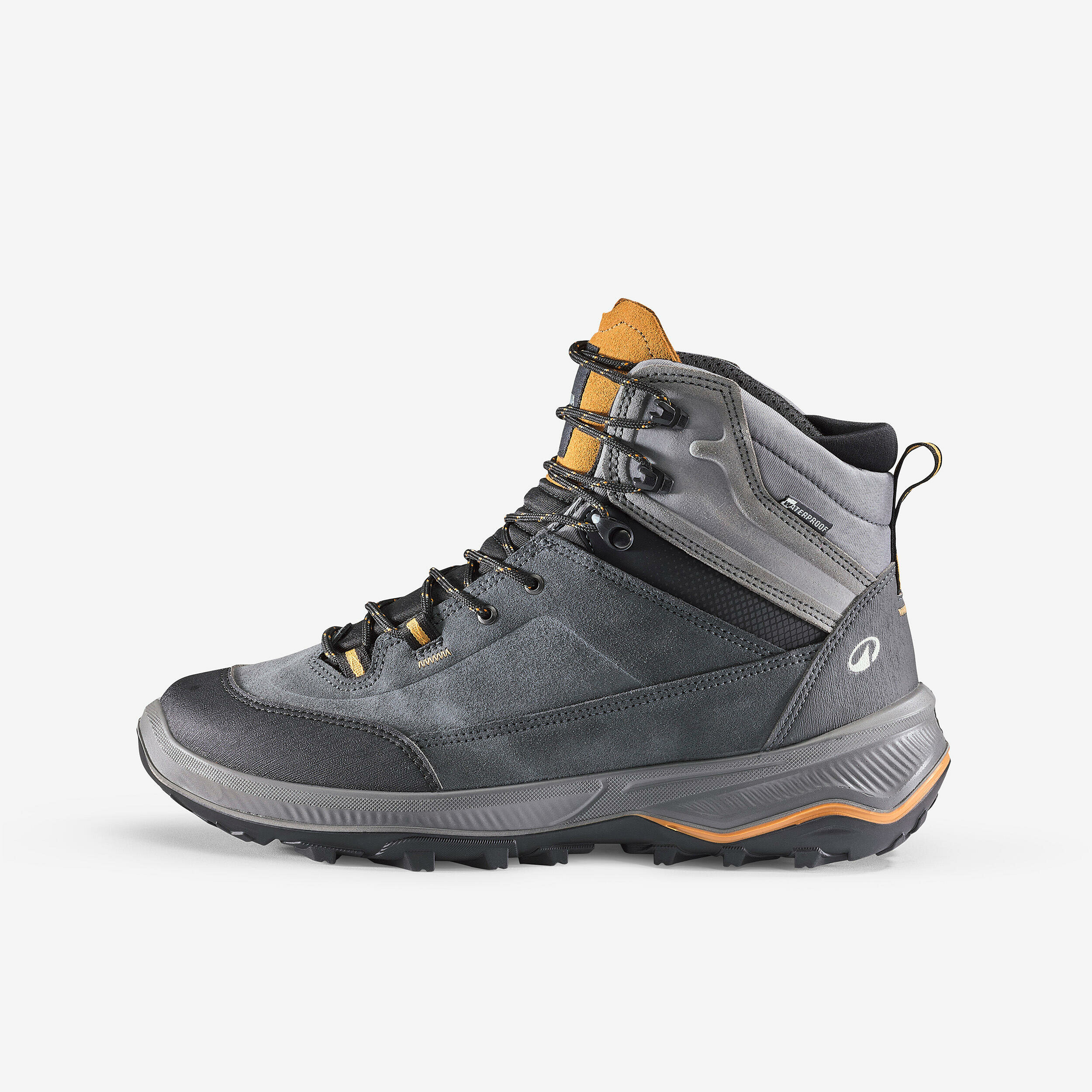 Scarpa da trekking Quechua MT100 in cuoio grigio con dettagli arancioni vista di lato