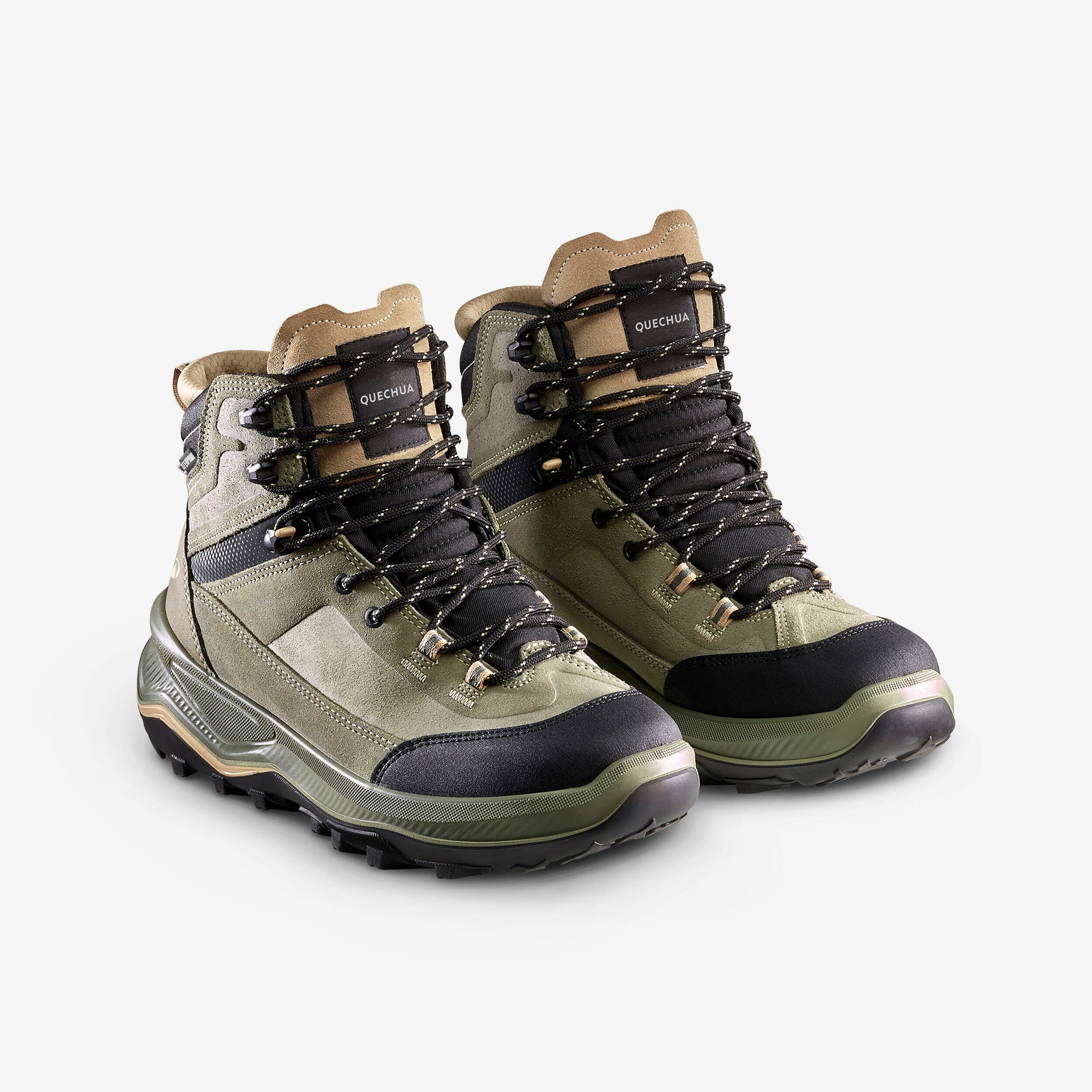 Paio di scarponcini Quechua MT100 verde kaki con collarino imbottito beige