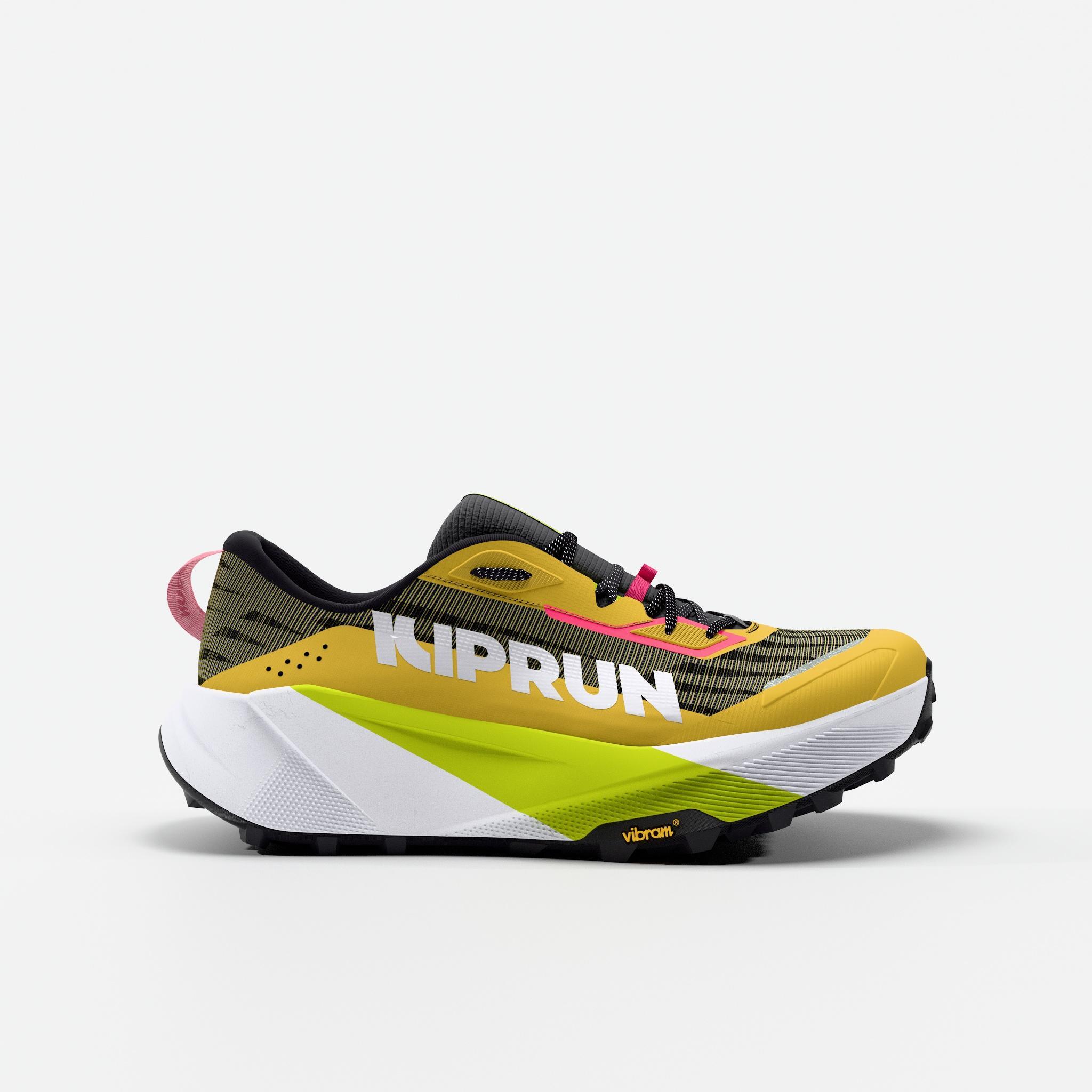 Scarpa da trail donna Kiprun Kipsummit Max gialla e verde lime vista di lato con lintersuola bianca alta