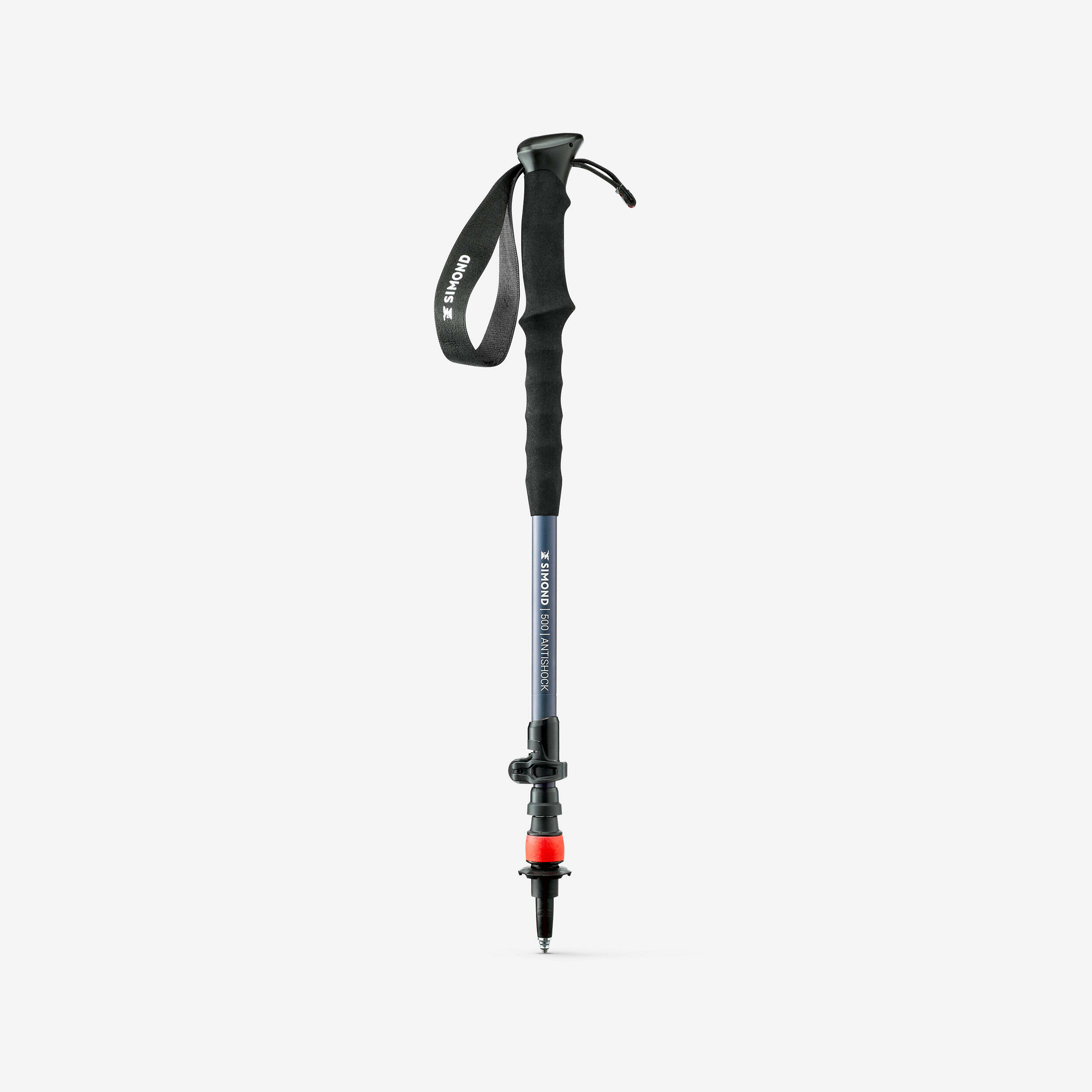 Bastoncino da trekking Simond MT500 Antishock blu e grigio chiuso, con ghiera arancione sulla punta