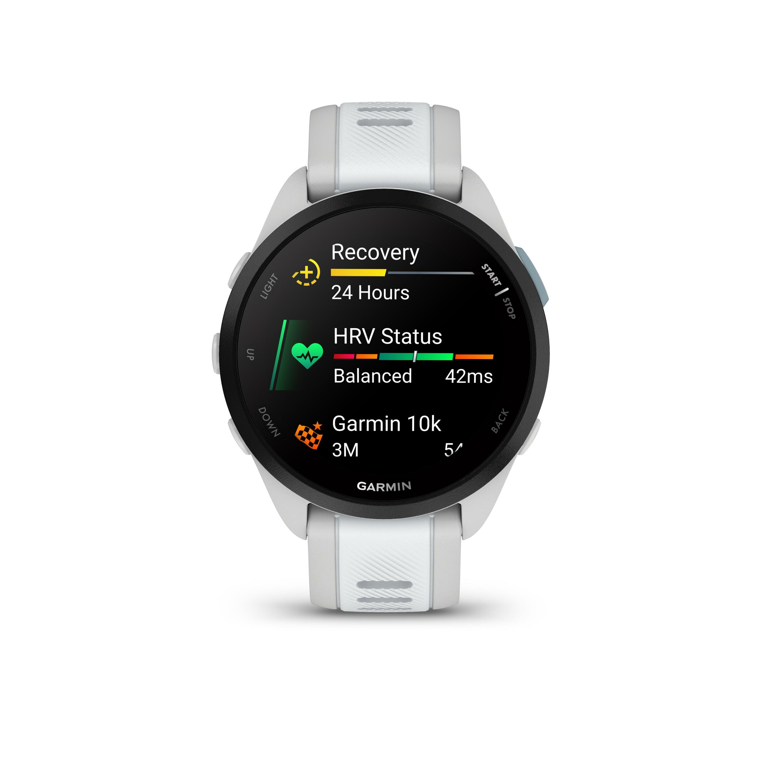 Garmin Forerunner 165 bianco con lo schermo su recupero, stato della variabilità cardiaca e allenamento