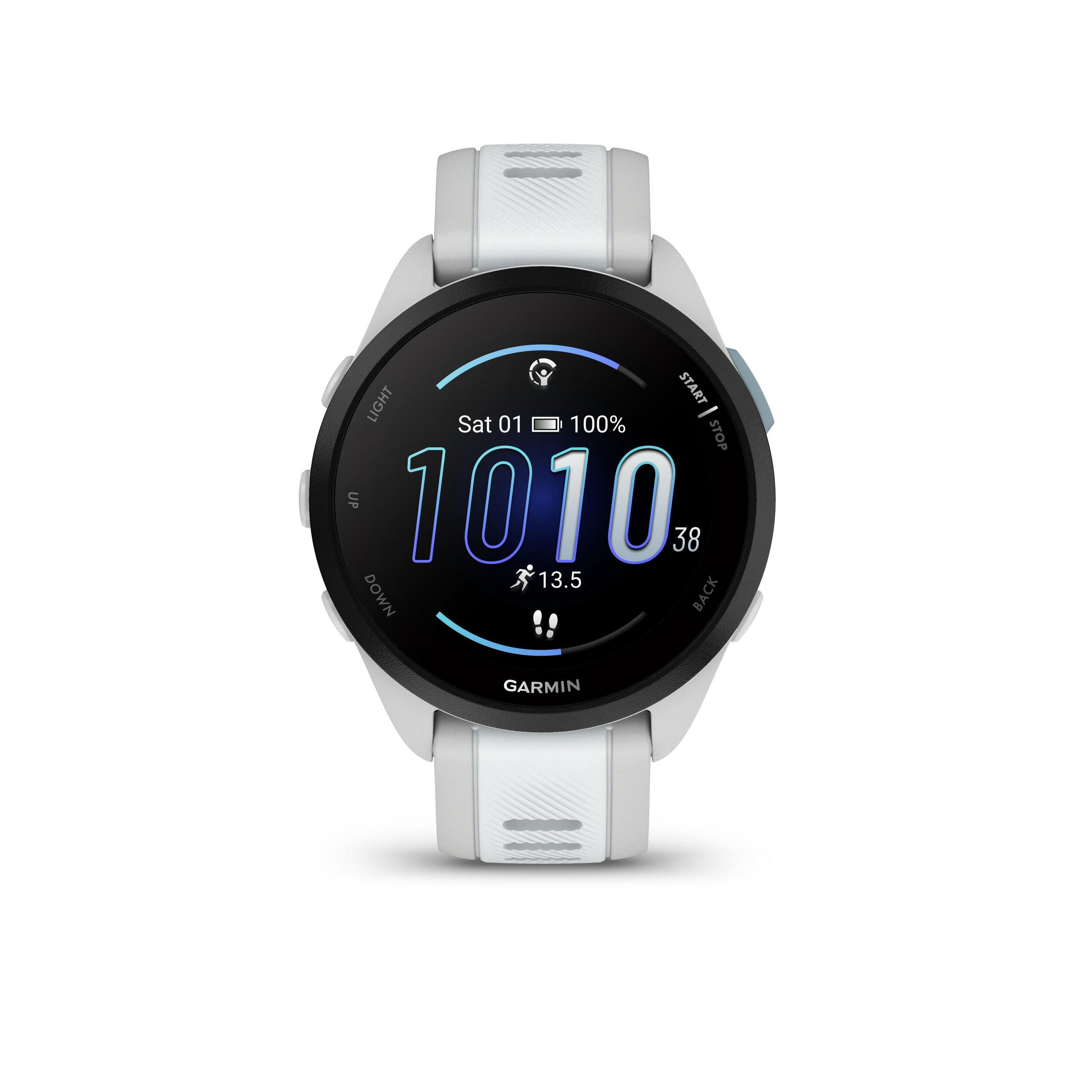 Garmin Forerunner 165 bianco visto di fronte con il quadrante che mostra ora e batteria
