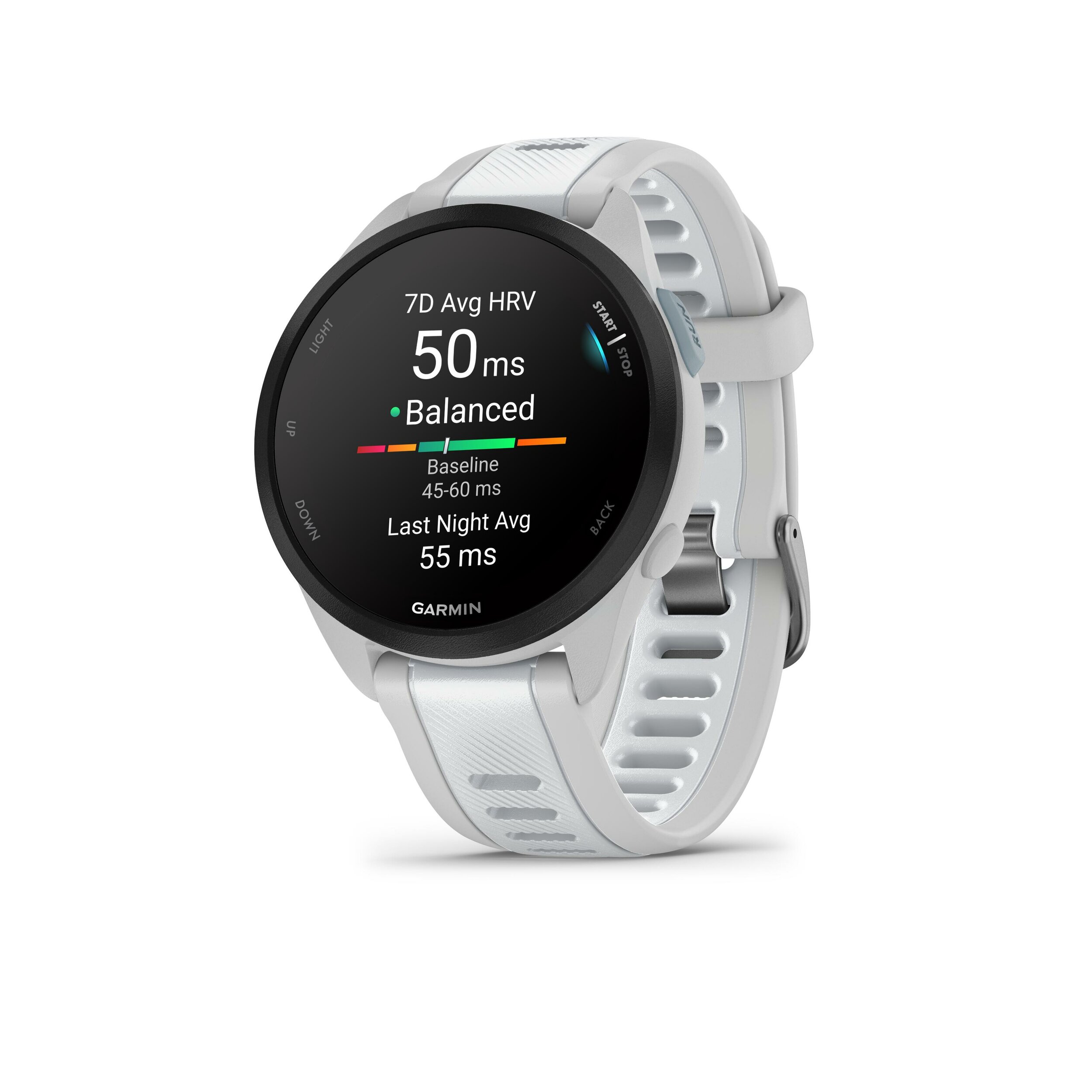 Garmin Forerunner 165 bianco visto di tre quarti con la media settimanale della variabilità cardiaca