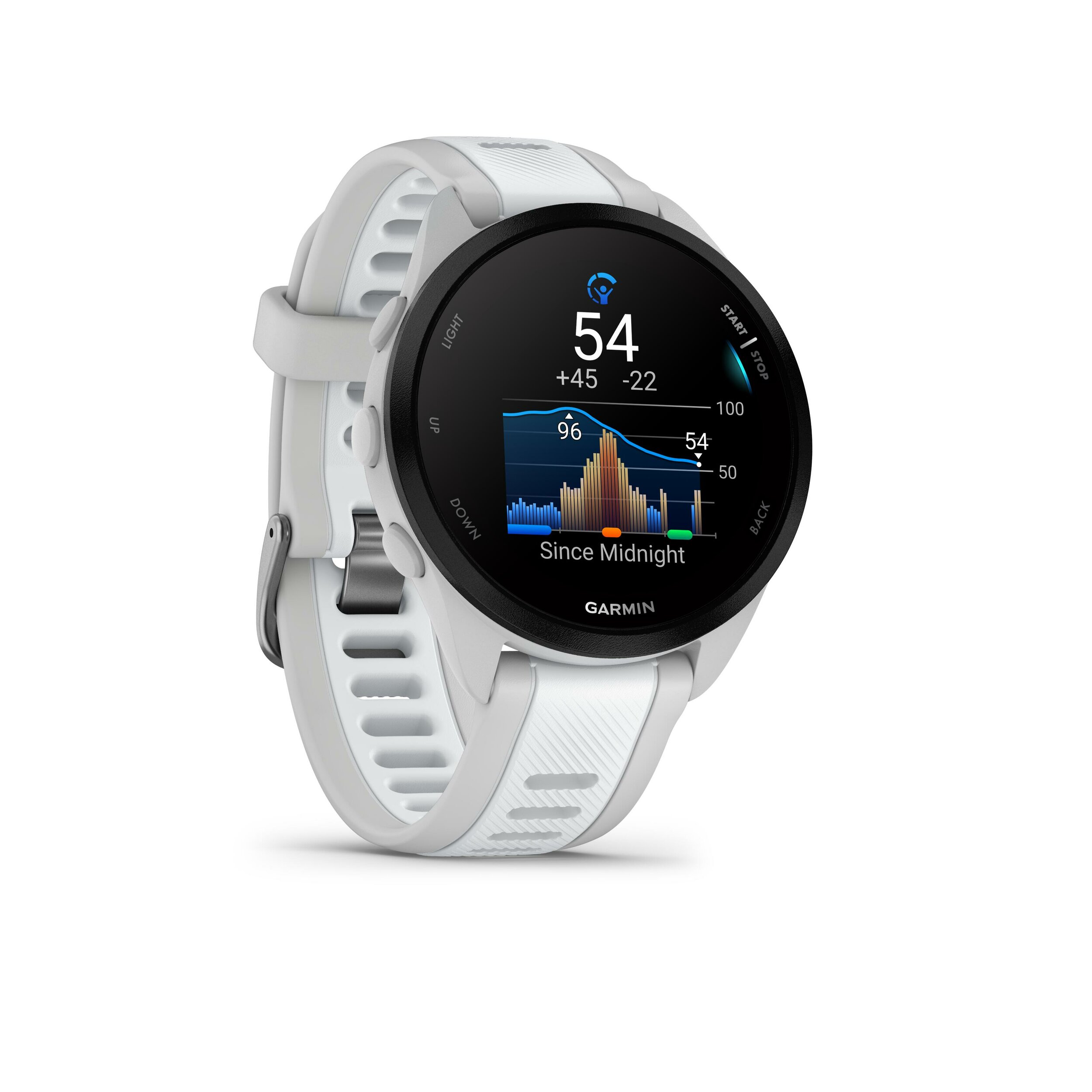 Garmin Forerunner 165 bianco visto di lato con il grafico della frequenza cardiaca sullo schermo