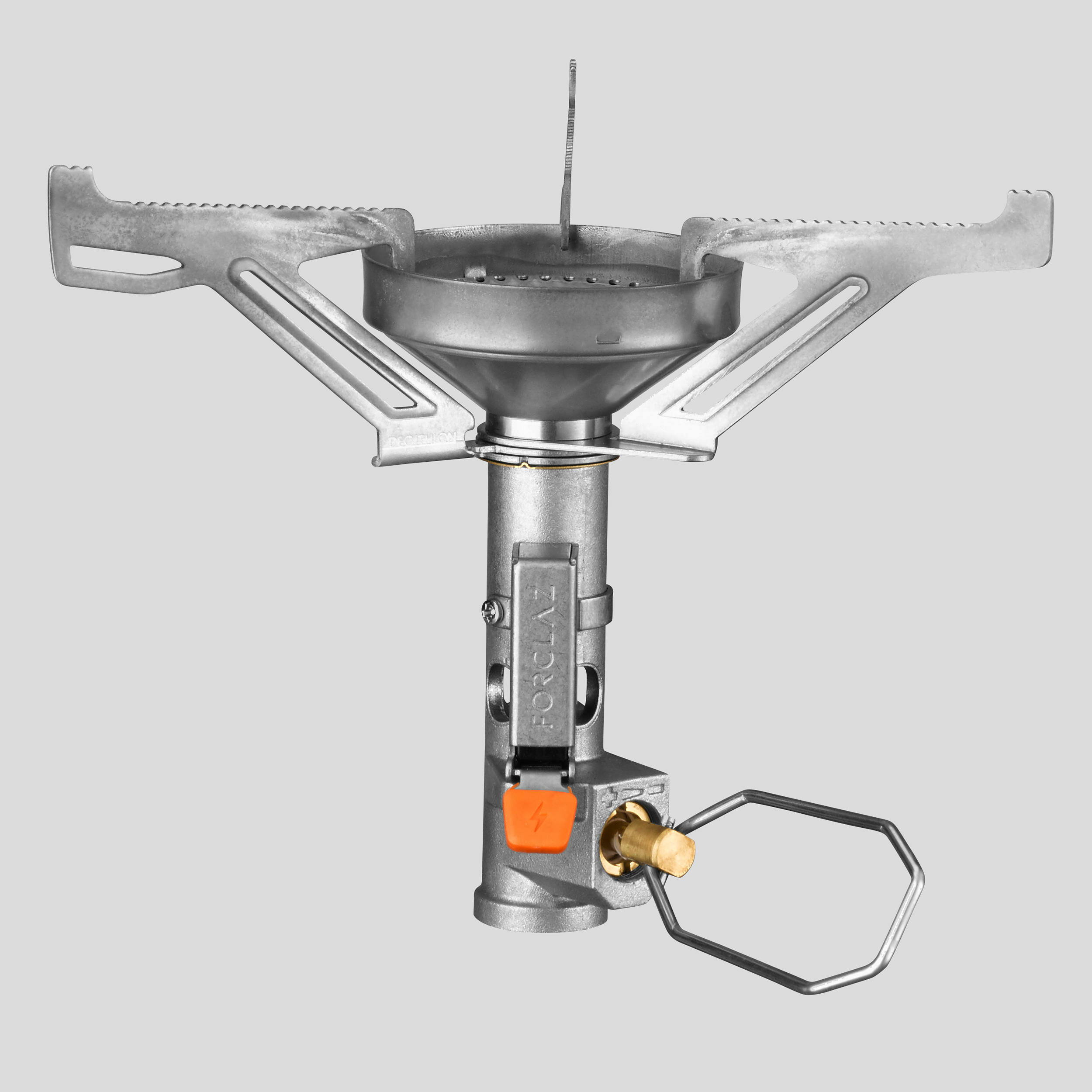 Fornellino Forclaz MT500 Compact visto di fronte con laccensione piezo e la manopola a filo