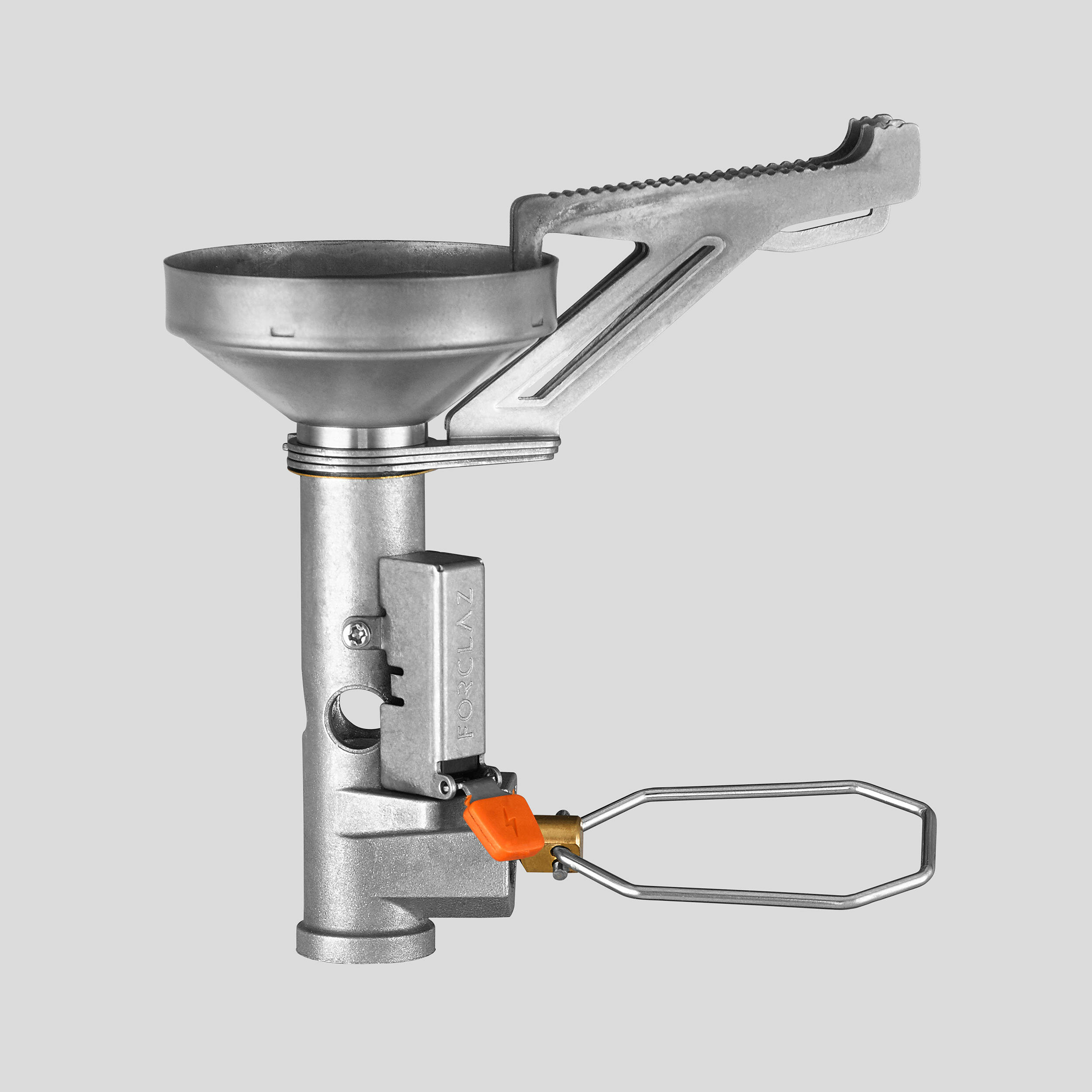 Fornellino Forclaz MT500 Compact visto di lato con un supporto per la pentola aperto