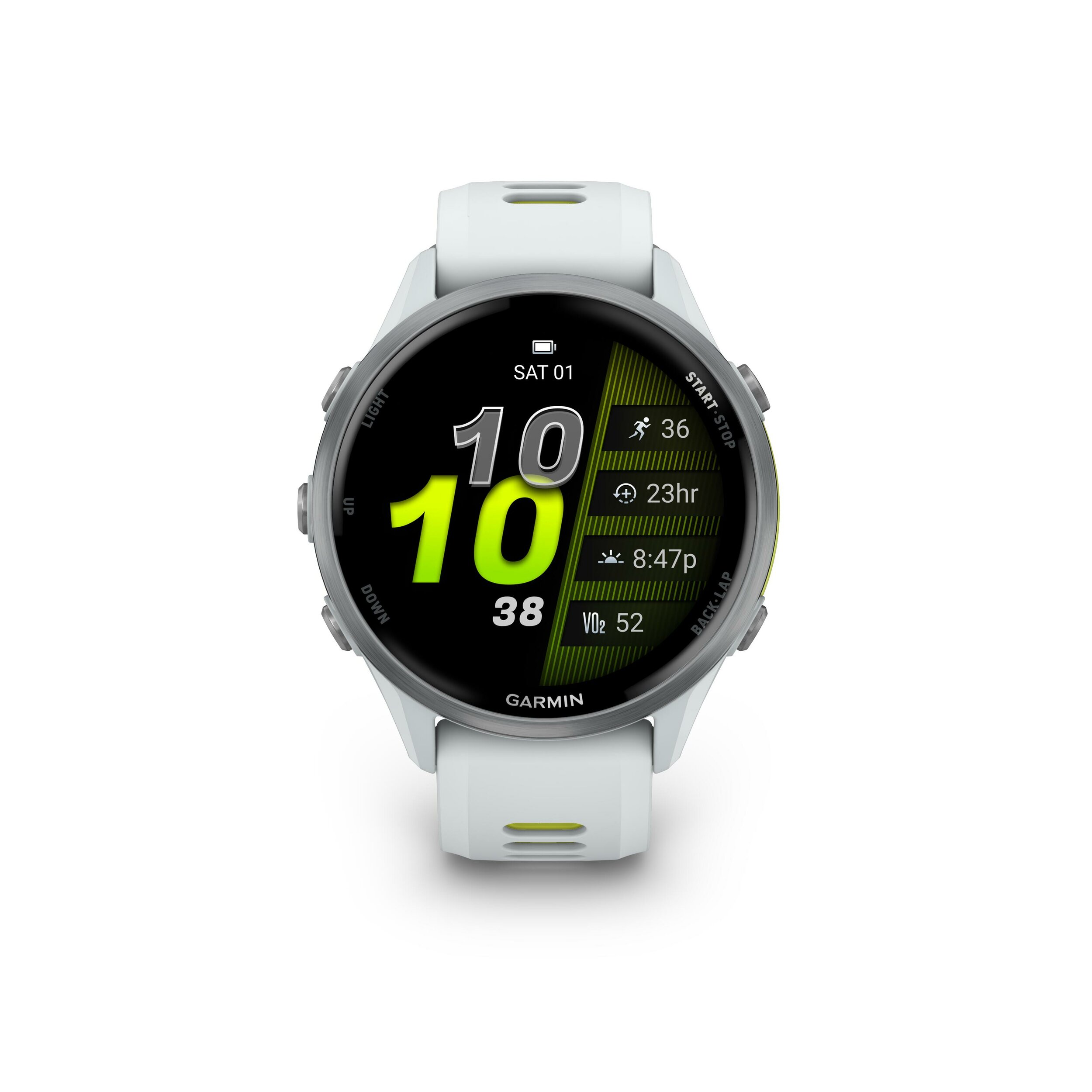 Garmin Forerunner 970 bianco visto di fronte con il quadrante che mostra ora e dati del giorno